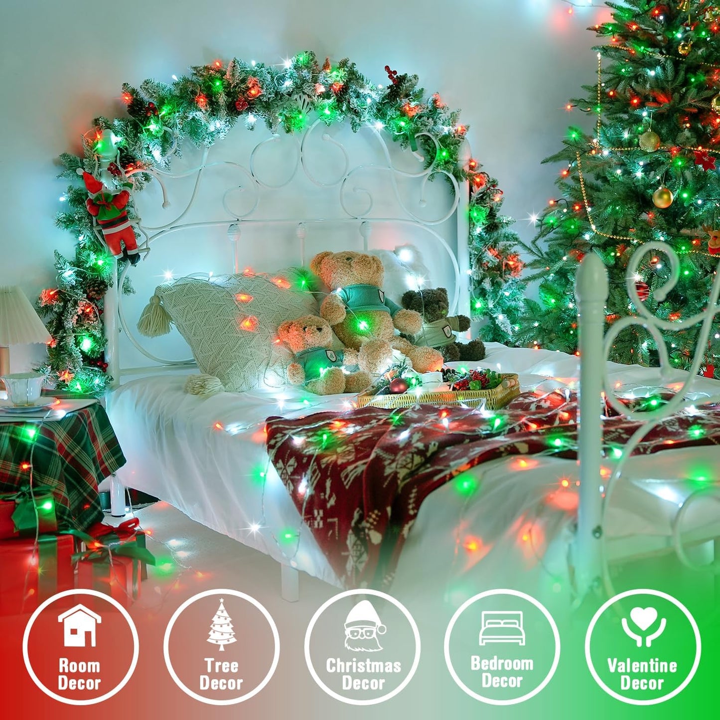 JMEXSUSS Connectable Red White and Green Christmas Lights, 8 Modes 100 LED Twinkle String Lights Indoor, Clear Wire Plug-in String Lights Outdoor Waterproof