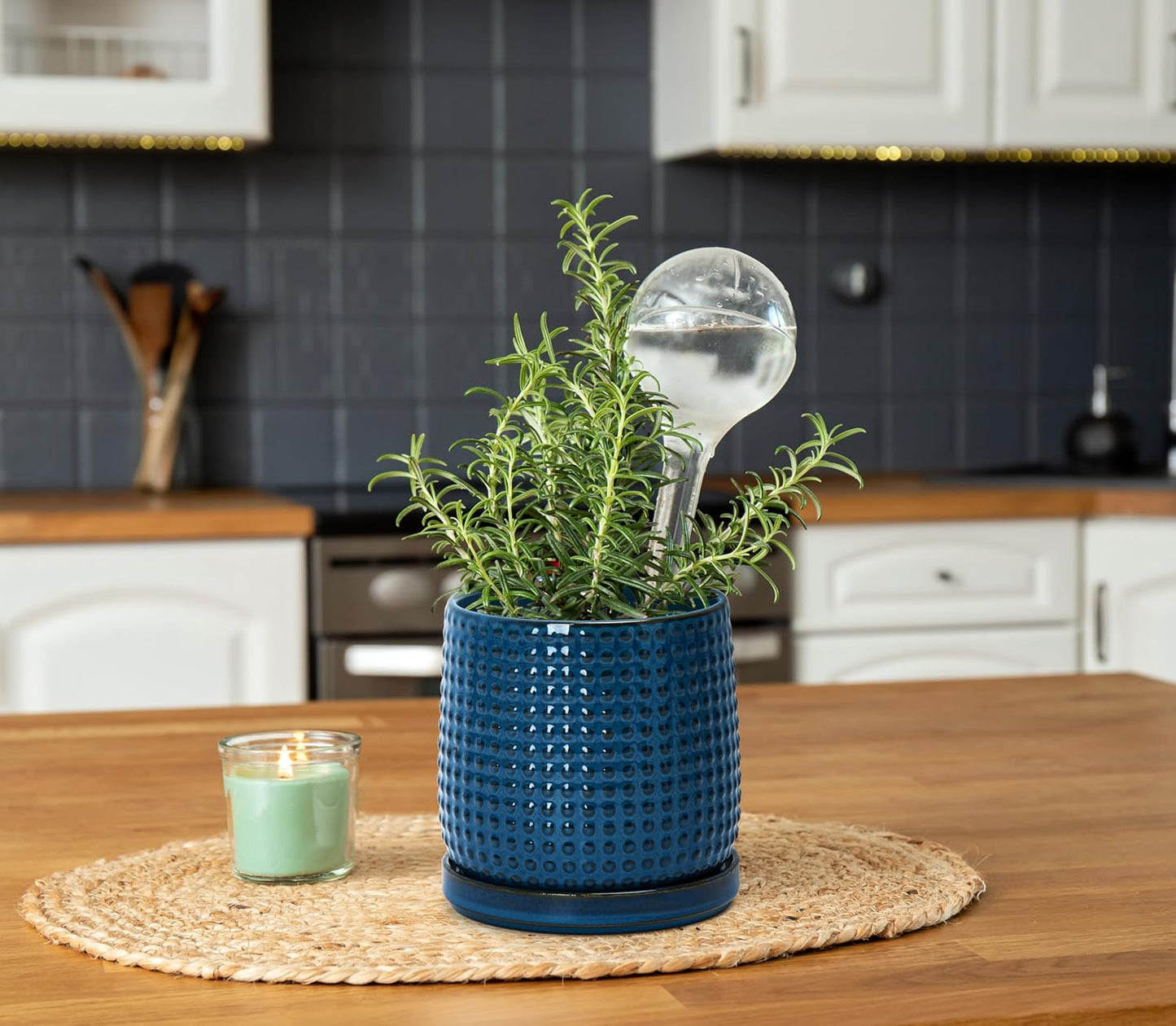 D'vine Dev 6 Inch 4 Inch Ceramic Indoor Planter Pots with Drainage Hole and Saucer, Beaded Design Flower Pots, Set of 2, Blue, 27-D-U-3