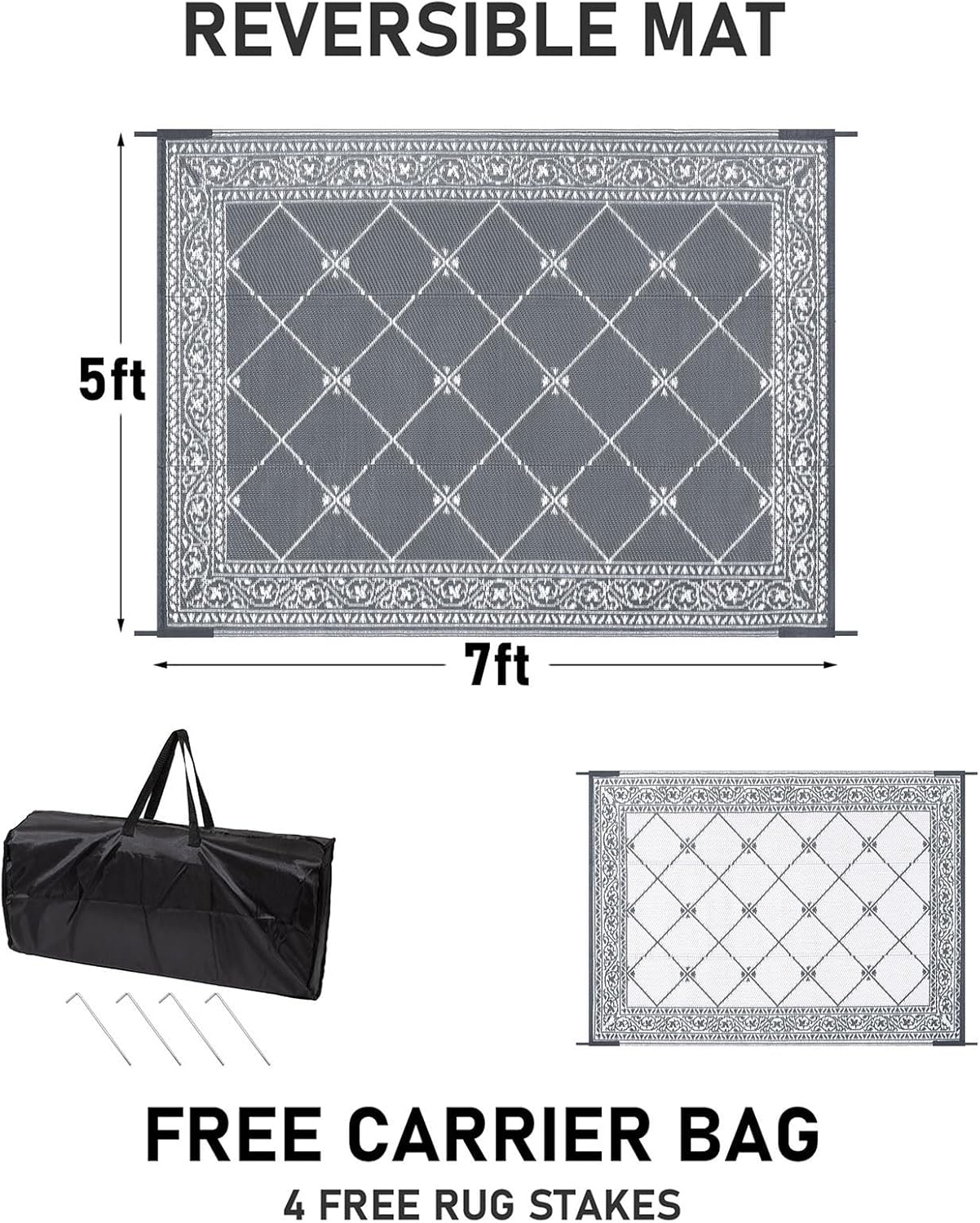 HiiARug Reversible Mat Plastic Outdoor Rugs for Patios Clearance Waterproof Plastic Straw Rug Large Area Rug for Outdoor, Porch, Patio, RV,Camping,5x7Ft, Grey