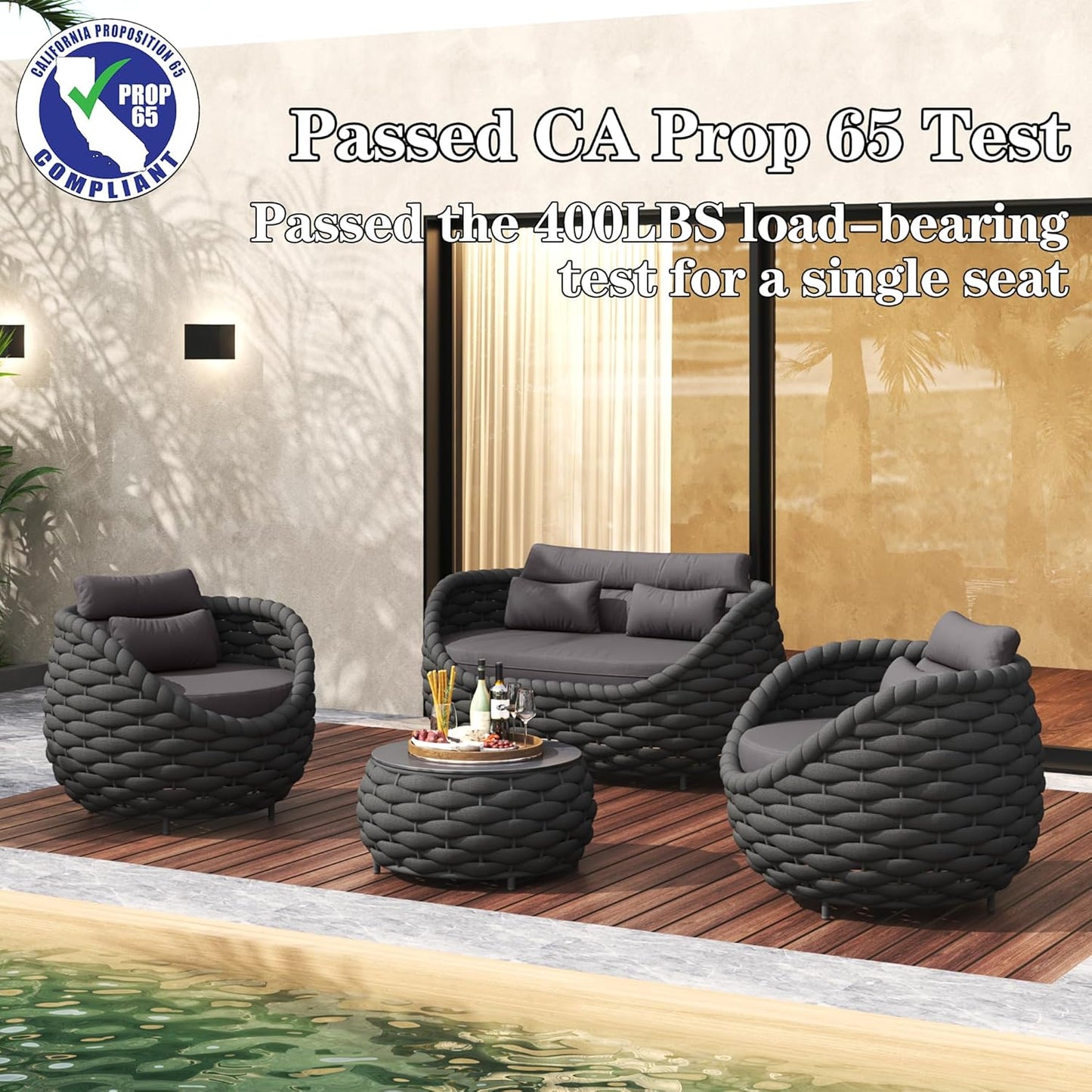 6 Pieces Patio Furniture Set Outdoor Rope Conversation Sectional Patio Sofa with 6 Seater for Backyard, Porch, Modern Armchairs with Thickness Cushions and Side Table, Dark Grey