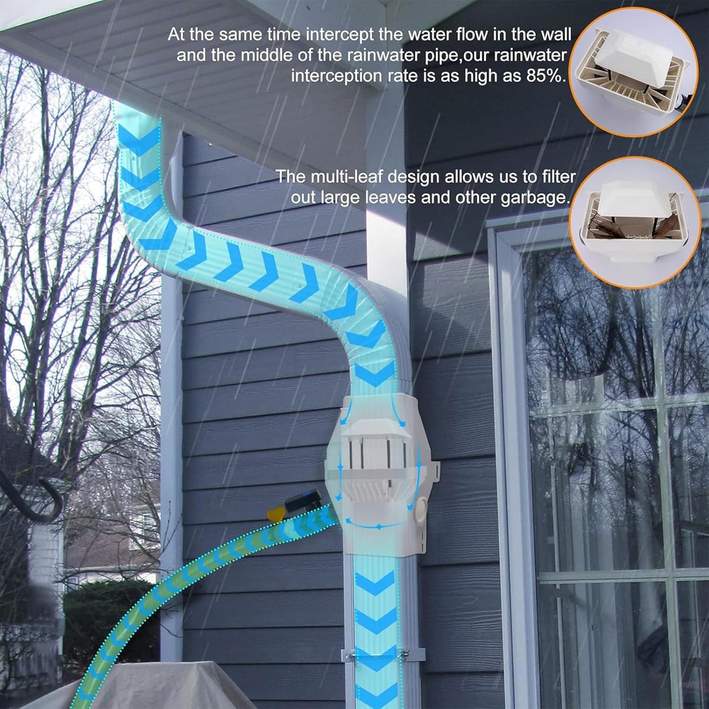 Rain Barrel Diverter Kit - Rainwater Collection System Fits 2x3 or 3x4 Inch Downspout with Filter and PVC Spigot