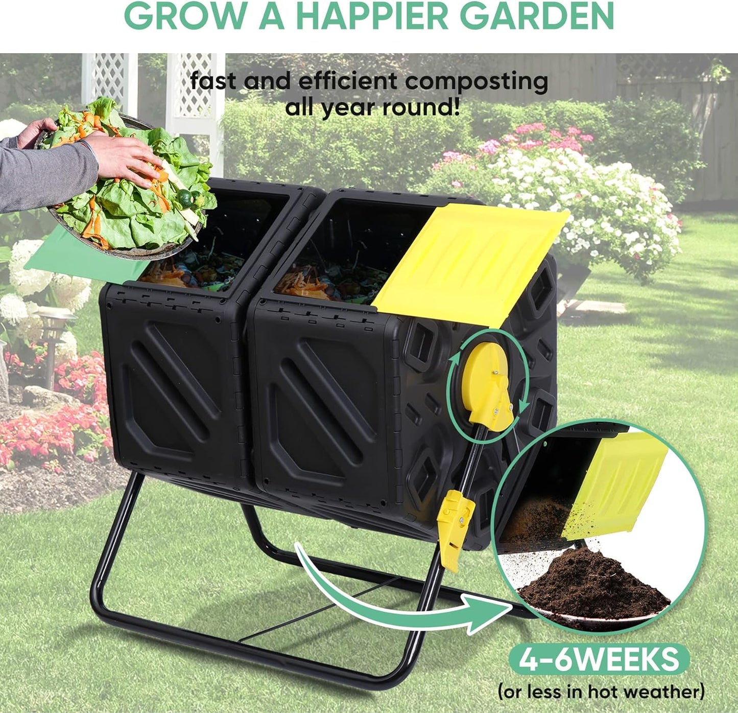 Nouva 37 Gallon Compost Bin Dual Chamber Composter Tumbler Rotating Chamber Garden Composter Bin with 2 Sliding Doors Steel Frame Outdoor Kitchen Garden Yard