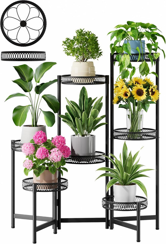 Plant Stand Indoor Outdoor, 7 Tier Large Plant Stand with 7.9-Inch Wide Drainage Tray, Tiered Corner Metal Iron Flower Display Holder Shelf, Folding Tall Rack for Patio Balcony Porch - BlackFlower