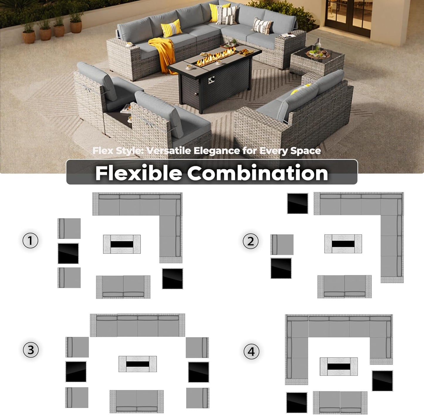 ovios 13 Pieces Patio Furniture Set, Outdoor Wicker Sectional Sofa with 54 Inch Fire Pit Table Comfy Cushions, Modern Modular Deep Seat Rattan Couch Conversation Set, Dark Grey