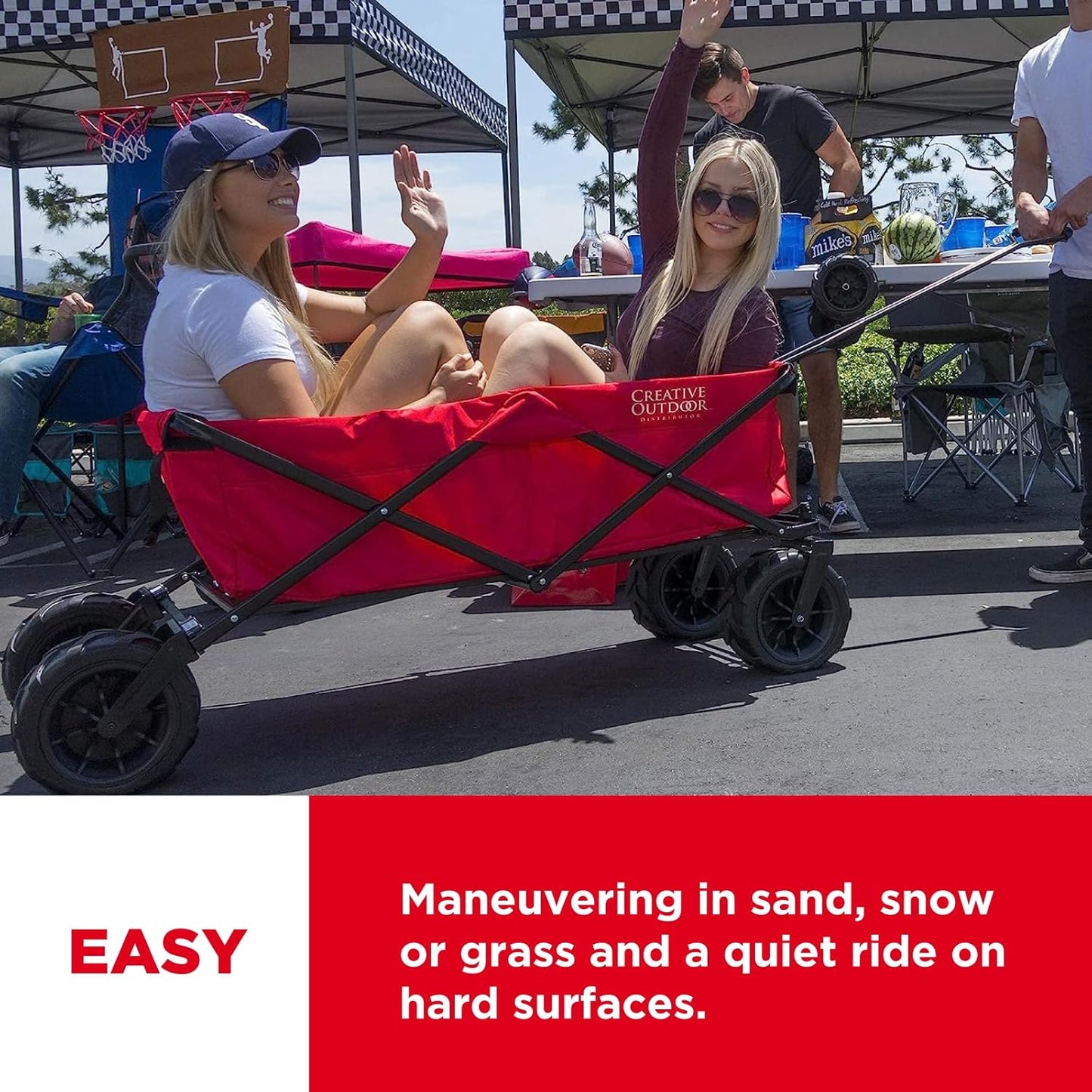 Creative Outdoor Wagon for Kids Push Pull Collapsible Stroller Giant All-Terrain Folding Cart | XXXL Monster Series Wagons | Outdoor Garden & Tailgate | Red