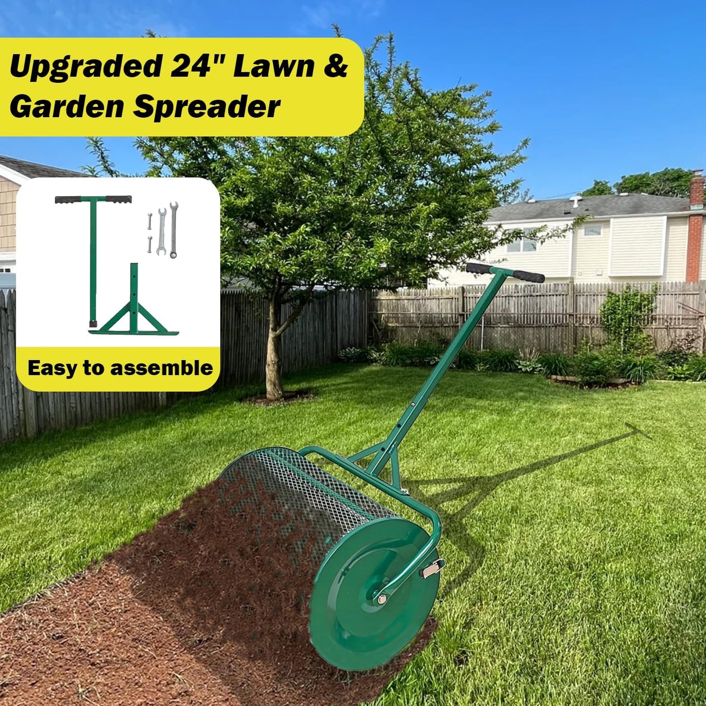 Compost Spreader, 24" Peat Moss Spreader, Roller Lawn Spreader with 3 Heights T Shaped Handle, Side Latches Powder Coated Steel Mesh Basket, Lawn & Garden Spreader for Spreading Manure Topsoil, Green