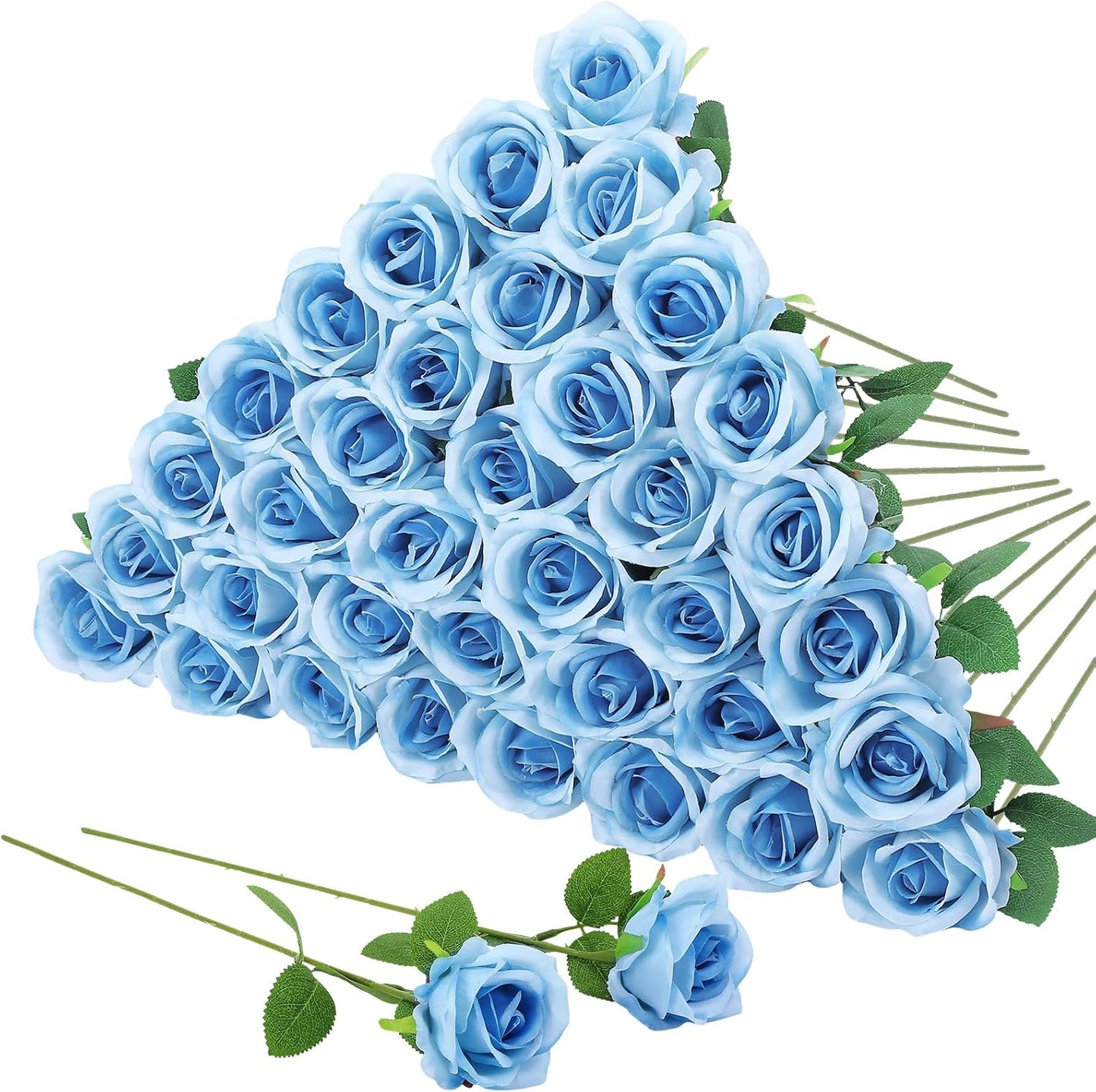 36 Pcs Sky Blue Artificial Roses with Long Stems, Blue Fake Silk Rose Artificial Flowers Bulk for Bridal Wedding Bouquet Centerpiece Ball Arrangement Party Decor