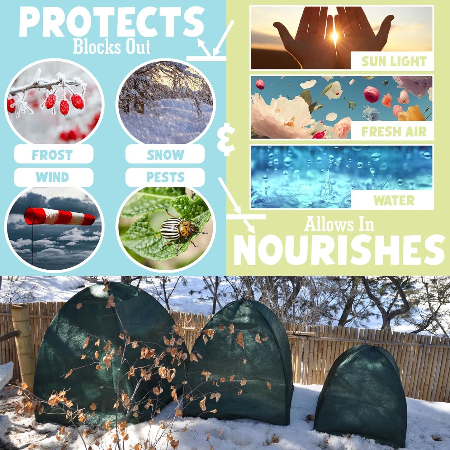 Winter Plant Cover Freeze Protection Tents 2 Pack-Protect Shrubs from Snow, Frost, Animals, Freezing Temperatures - Complete with Soft Garden Ties (28" x 28" x 33", 2 Pack, green with stakes)