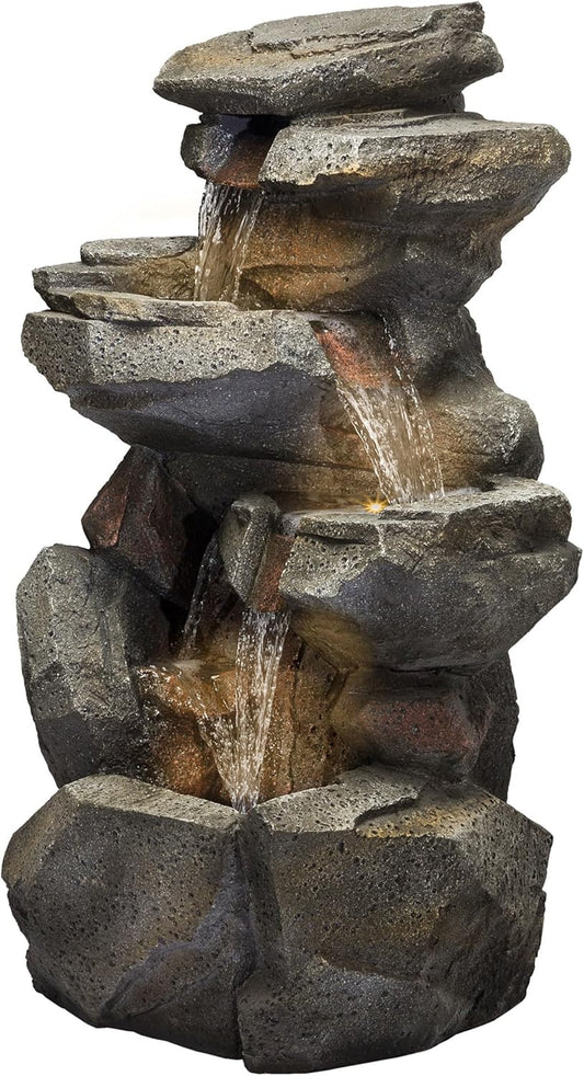 Alpine Corporation WIN1184 40" 3-Tier Outdoor Rock Waterfall Floor Fountain with Color-Changing LED Lights, Cascading Water Feature for Gardens, Patios, and Yards, Gray
