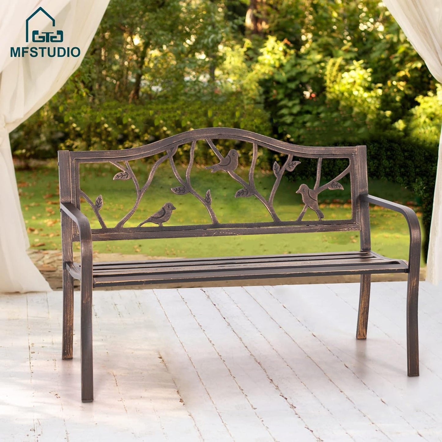 MFSTUDIO 50" Outdoor Garden Bench, Patio Metal Frame Park Bench with Bird Pattern Backrest for Porch, Lawn, Deck(Bronze)