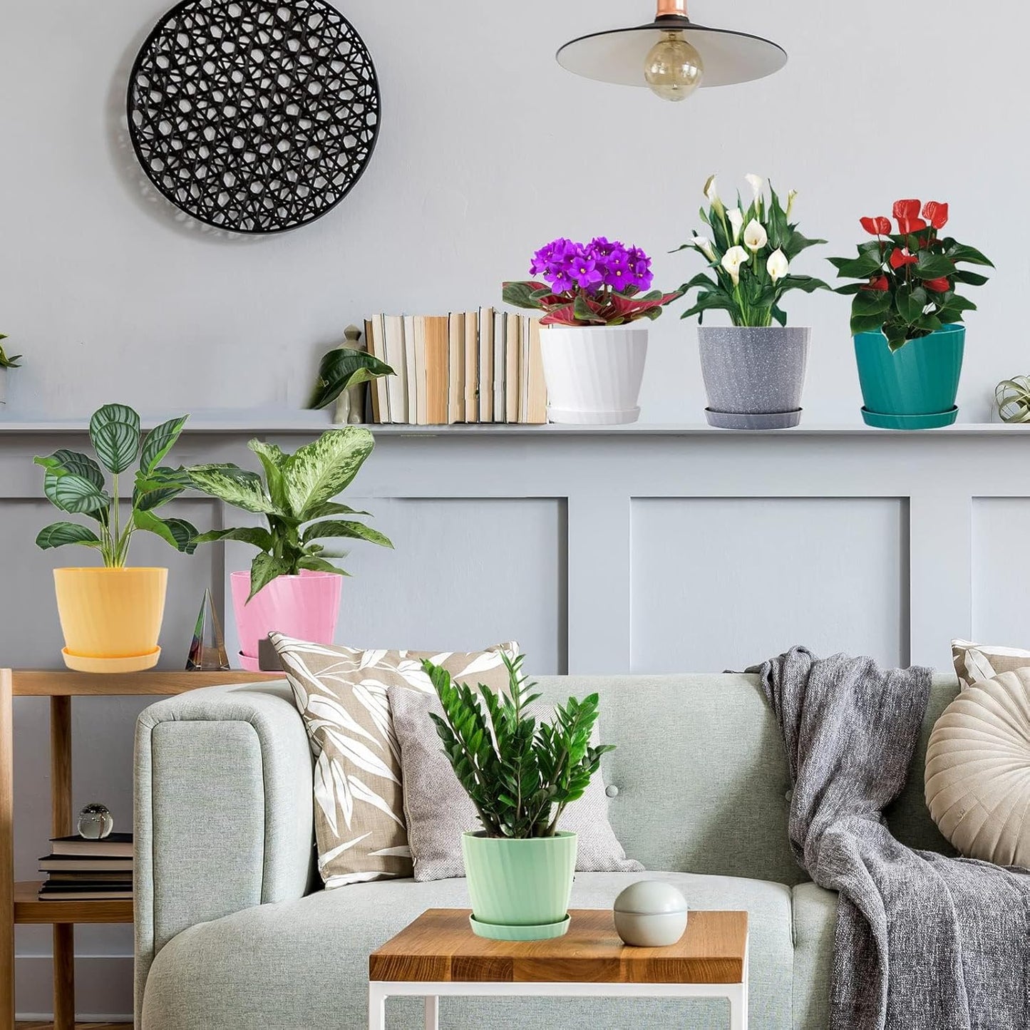 7 Inch Plant Pots Bulk, 6 Pack Plastic Planters with Drainage Holes and Saucers for Indoor Outdoor House Plants and Flowers, Colorful