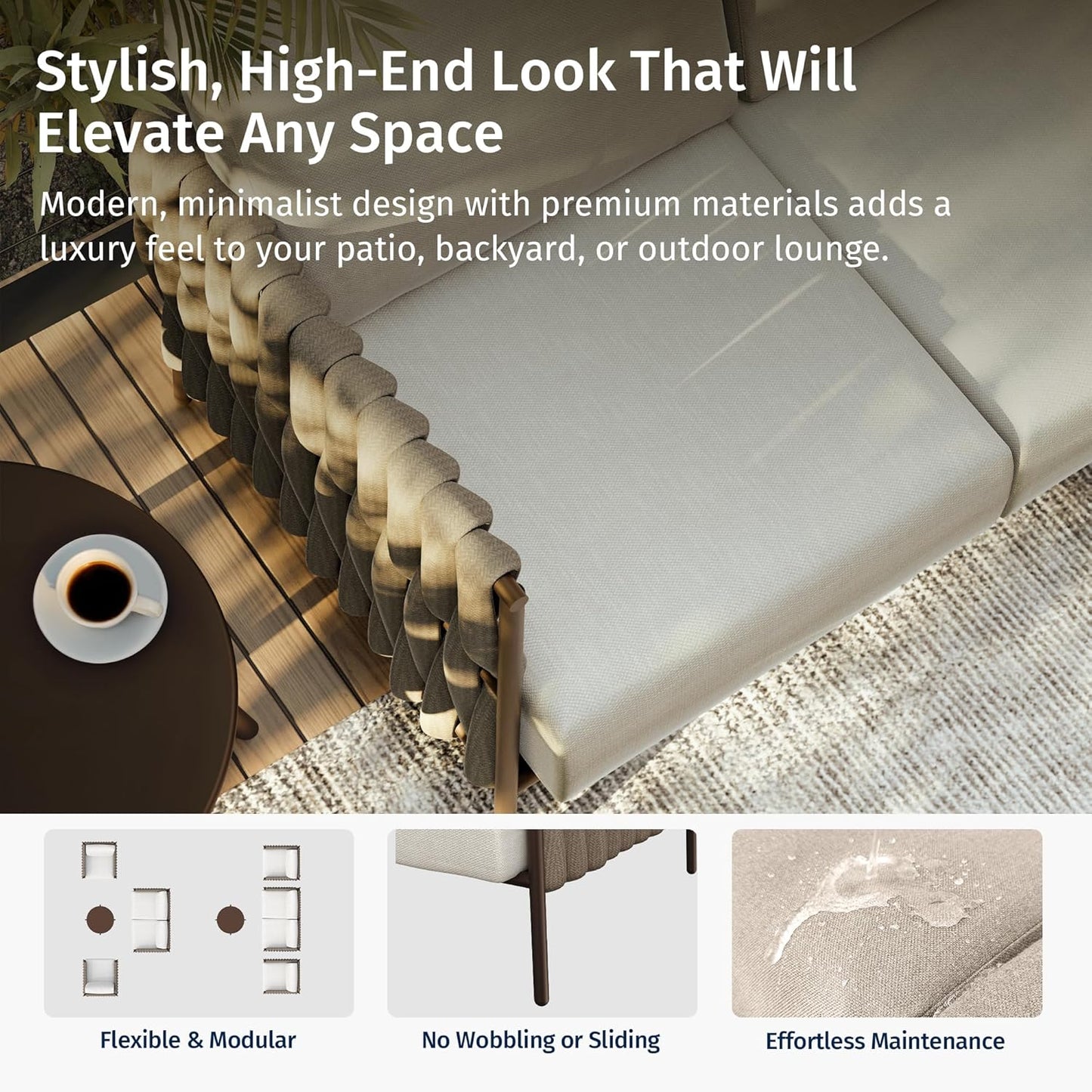 EAST OAK 3-Piece Patio Furniture Set | Life Chatter 4-Seat Outdoor Furniture | Sectional Sofa Set with Round Coffee Table | Deep Seating Sofa with Thick & Washable Cushions | Chestnut & Apricot