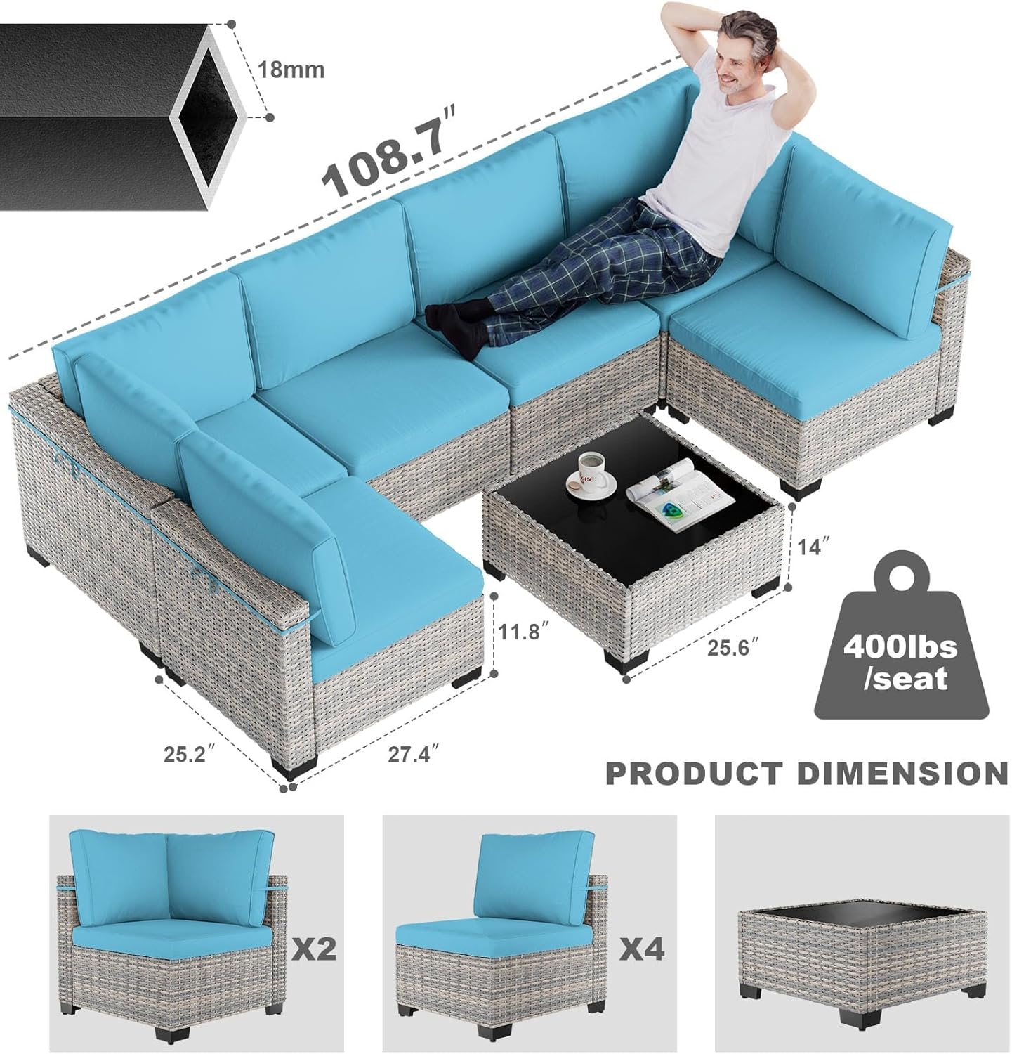 7-Piece Patio Furniture Set, Outdoor Sectional with Thick Cushions, Modular Patio Sofa, Dual-Strand Wicker Rattan, Rust-Resistant Frame, Backyard Furniture for Garden, Deck, Blue