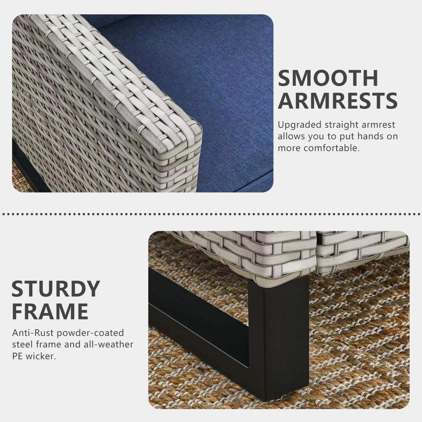 HUMMUH 3PCS Outdoor Chairs PE Wicker Patio Chairs and Side Table Metal Frame Porch Chairs with 4 inch Seat Blue Cushions