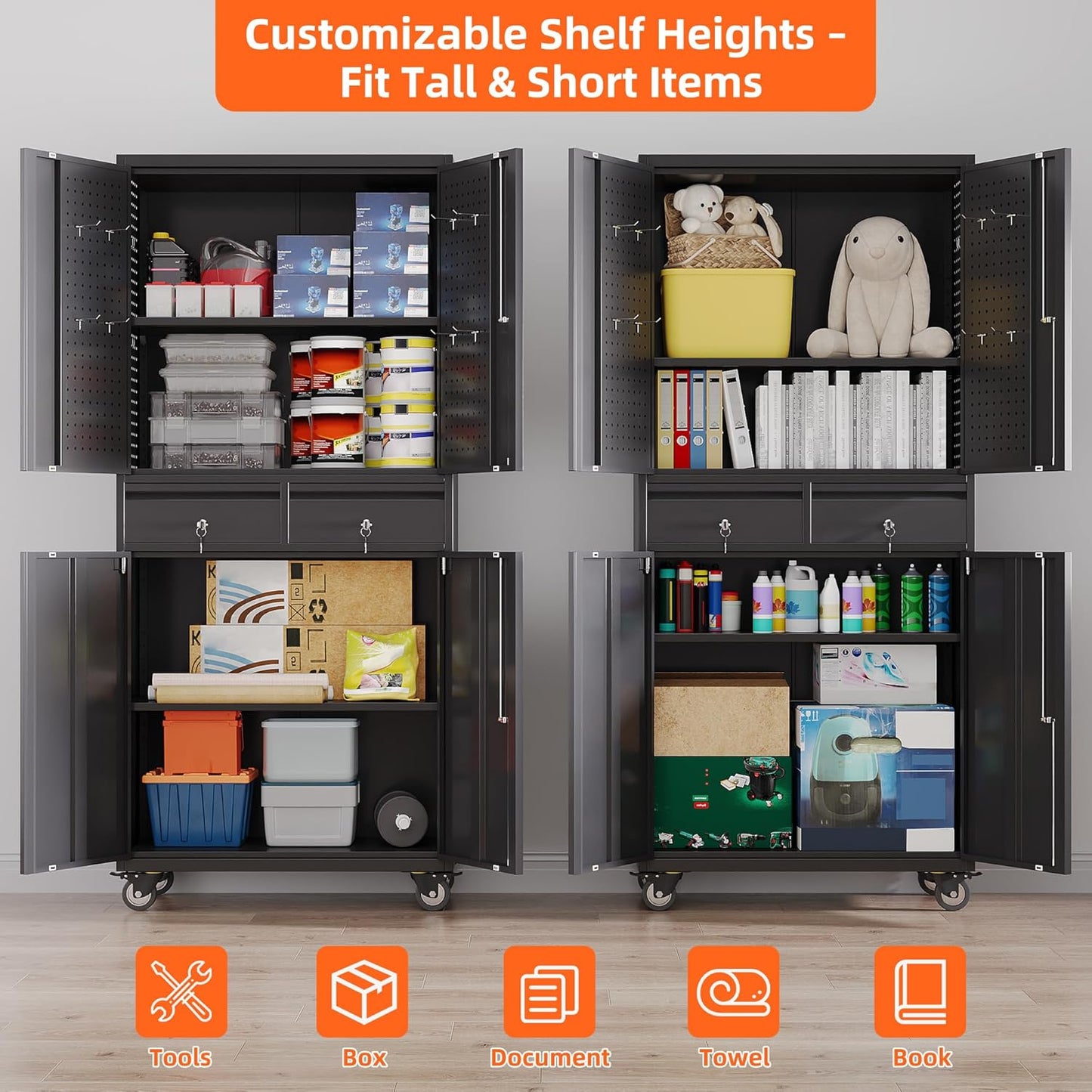 Aobabo Metal Storage Cabinet with Wheels and 2 Locking Drawers, Steel Rolling Tool Cabinet with 8 Hooks and 2 Adjustable Shelves for Garage, Home, Office, Kitchen, Assembly Required, Black