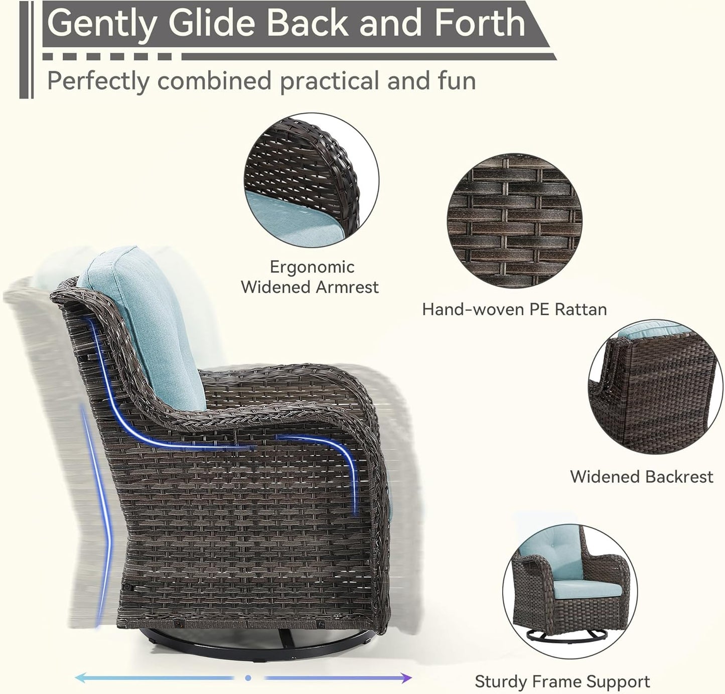 3 Pieces Outdoor Furniture Set - Patio Wicker Swivel Rocker Chair Set of 2 and 1 Side Table, Light Blue, Mixed Brown Rattan, Suitable for Porch, Yard