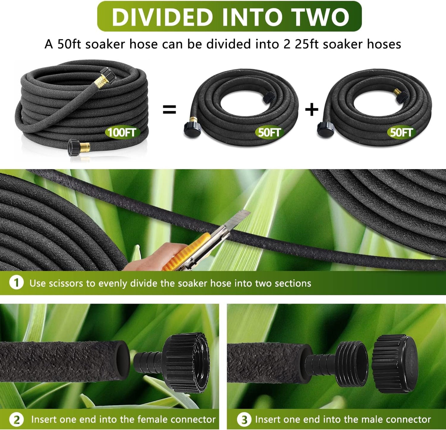 Soaker Hose 100 Ft for Garden Beds with Fittings Kit, 1/2’’ Soaker Hose for Foundation Watering, Heavy Duty Water Saving Drip Hoses for Lawn, Landscaping, Garden(100 FT)