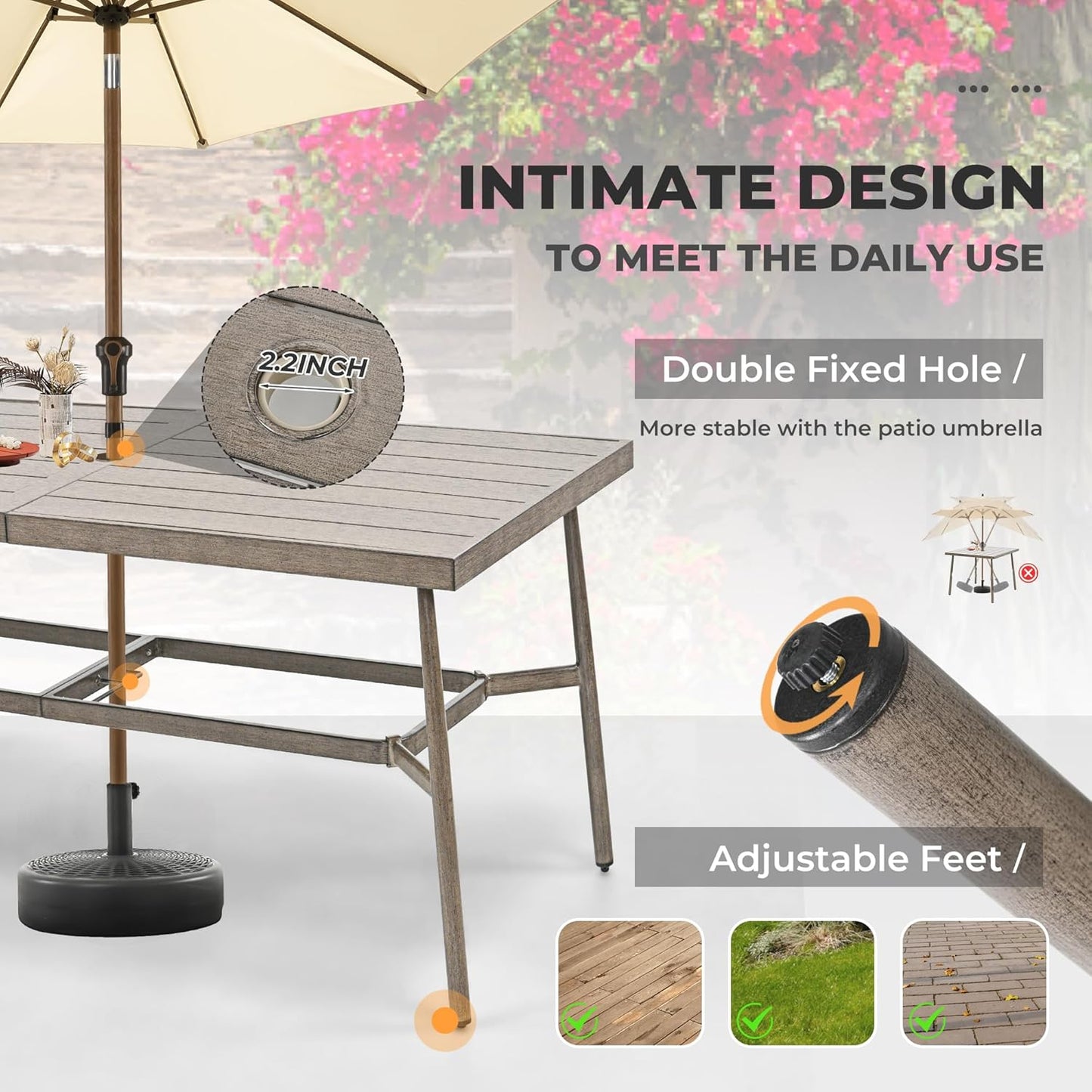 HAPPATIO Patio Table for 8, Large Modern Rectangle Outdoor Dining Table with Umbrella Hole and Adjustable Feet, All Weather Aluminum Patio Table for Garden, Backyard and Poolside, Grey