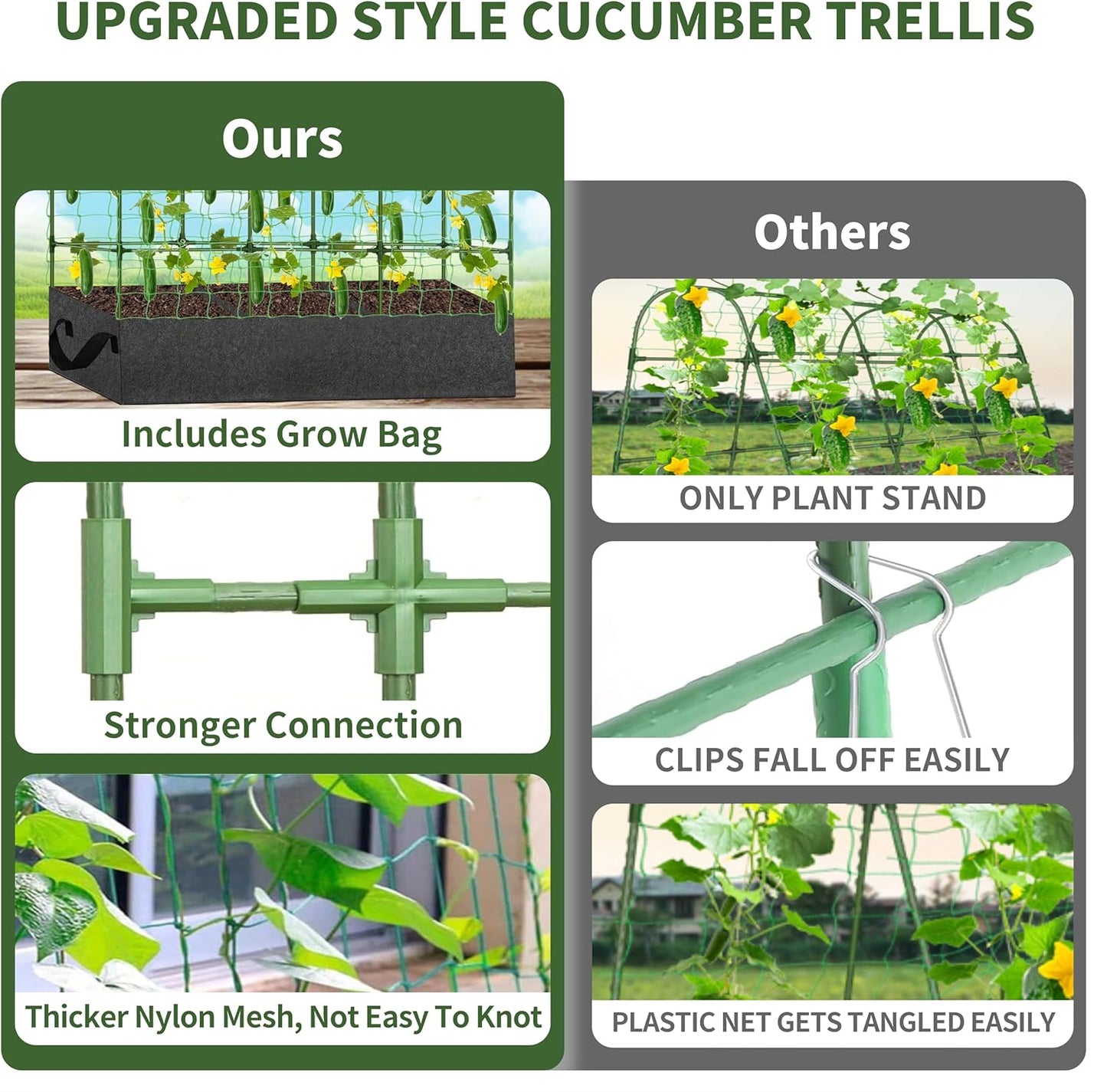 PASARA Cucumber Trellis with Grow Bag - Garden Trellis for Climbing Vegetables, 65 X 50 Inch Large Metal Trellis for Climbing Plants Outdoor, Including Twist Ties, Clips, Ties, Nylon Garden Lattice