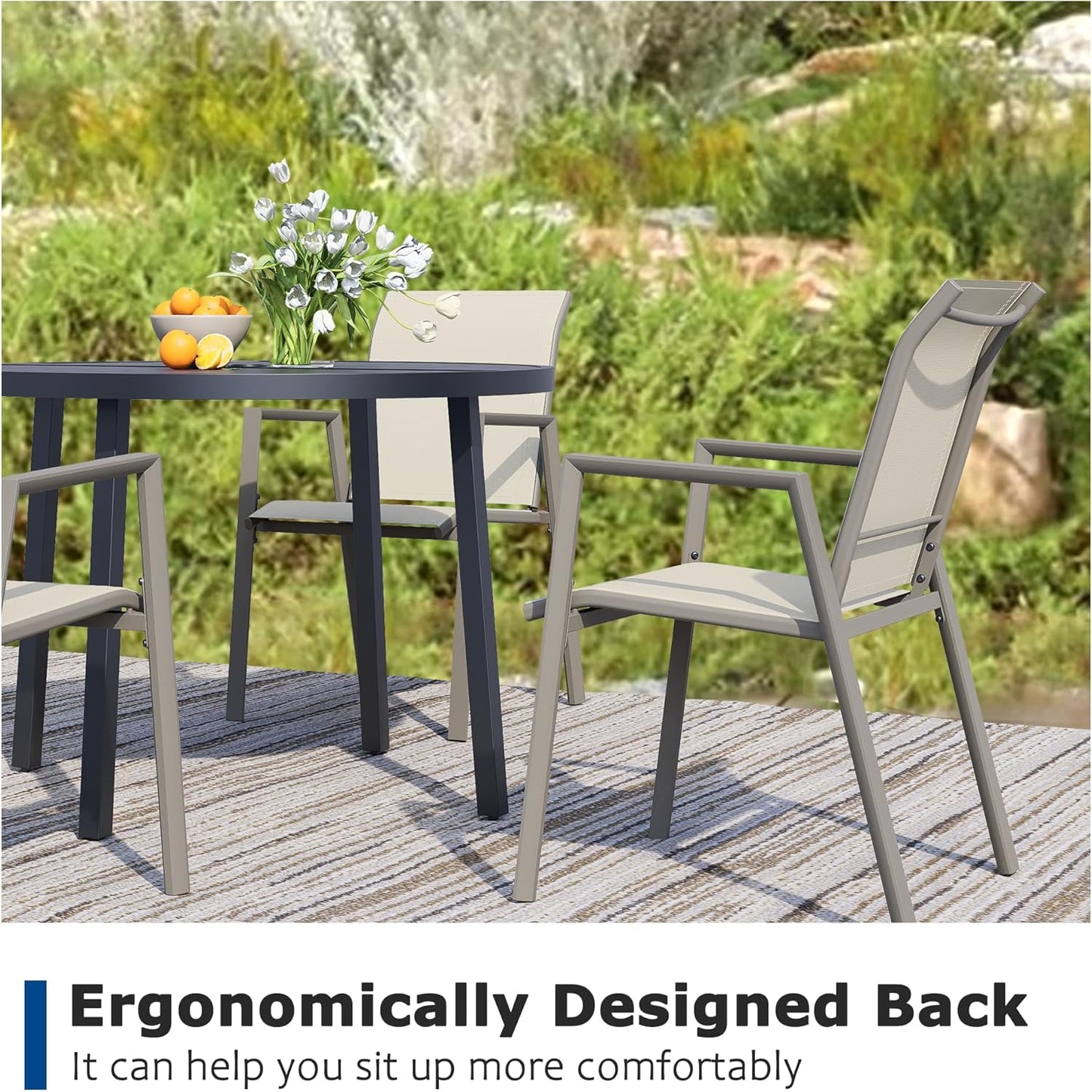 Outdoor Patio Chairs Set of 4, Ivory Beige Stackable Outdoor Chairs, Lightweight Patio Set with High Back, Metal Dining Chair for Lawn, Garden, Yard and Deck