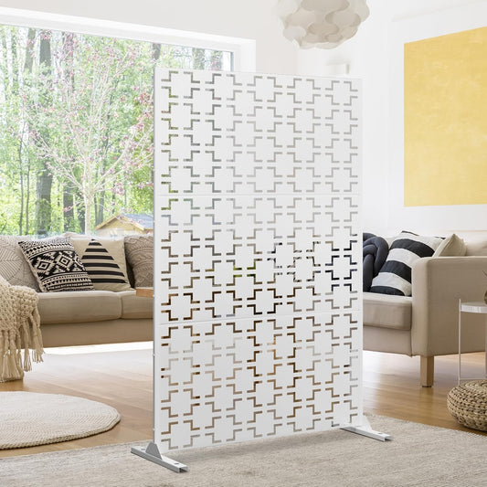 Metal Privacy Screen Outdoor 72" H×47" W,Freestanding Decorative Privacy Screen for Balcony Yard&Garden,Privacy Fence-White&Square