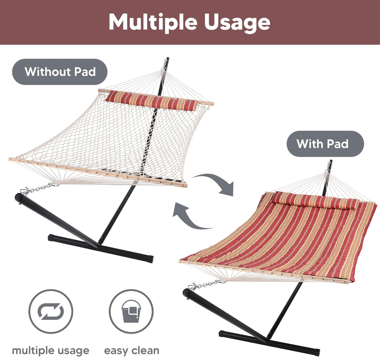 SUNCREAT Hammocks Portable Hammock with Stand, Hammock with Stand 2 Person Heavy Duty for Bedroom, Backyard, Patio, Balcony, Red Stripe