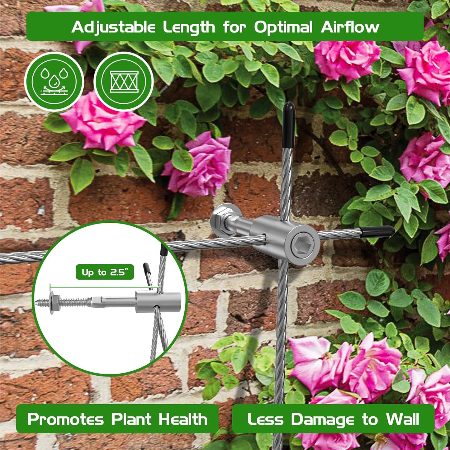 Trellis Wire for Climbing Plants Outdoor, 20 Set Wall Wire Trellis Kit with 1/8" x 164ft Stainless Steel Cable, T316 Espalier System Cable Trellis Kit with Adjustable Spacing Vines Green Wall