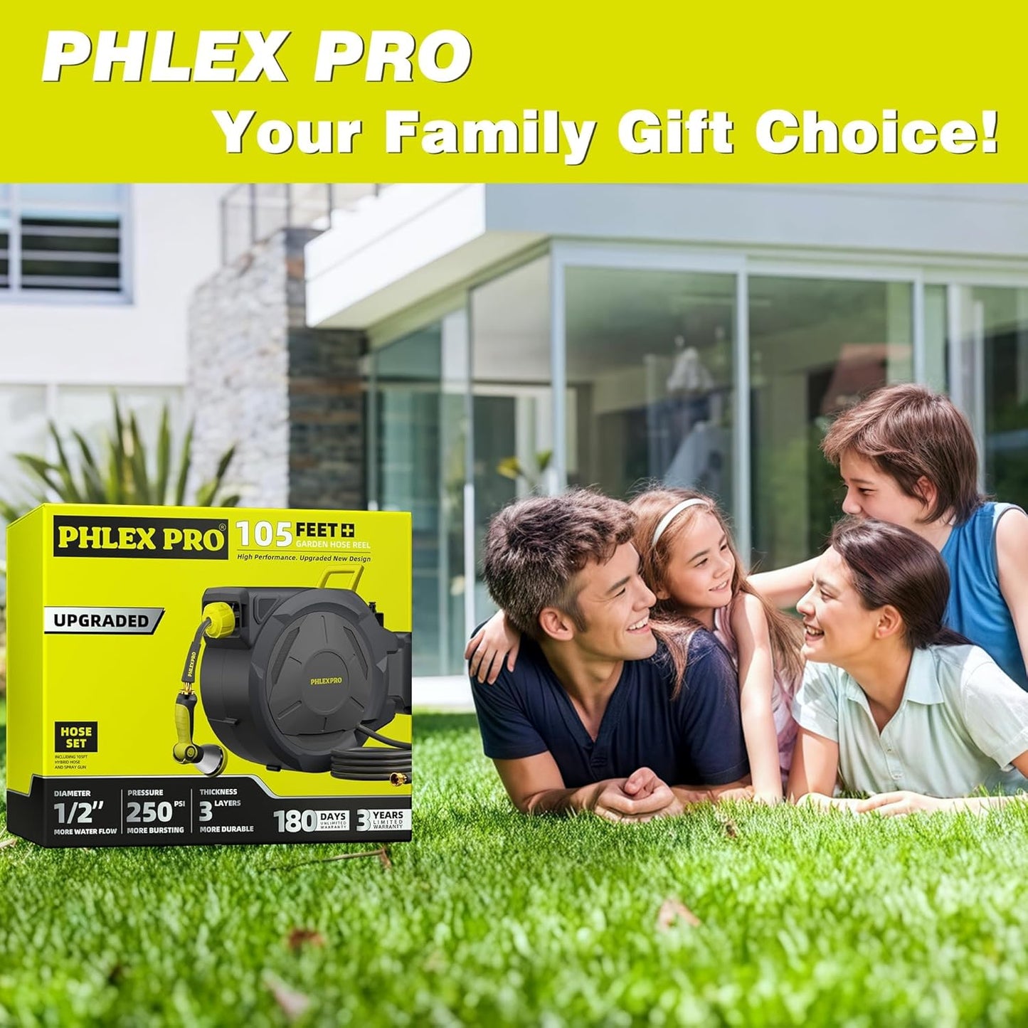 Retractable Garden Hose Reel 105FT, 1/2 inch Wall Mounted Hose Reel with Full Brass Fittings, 10 Patterns Spray Nozzle, Any Length Lock, 180° Automatic Rewind