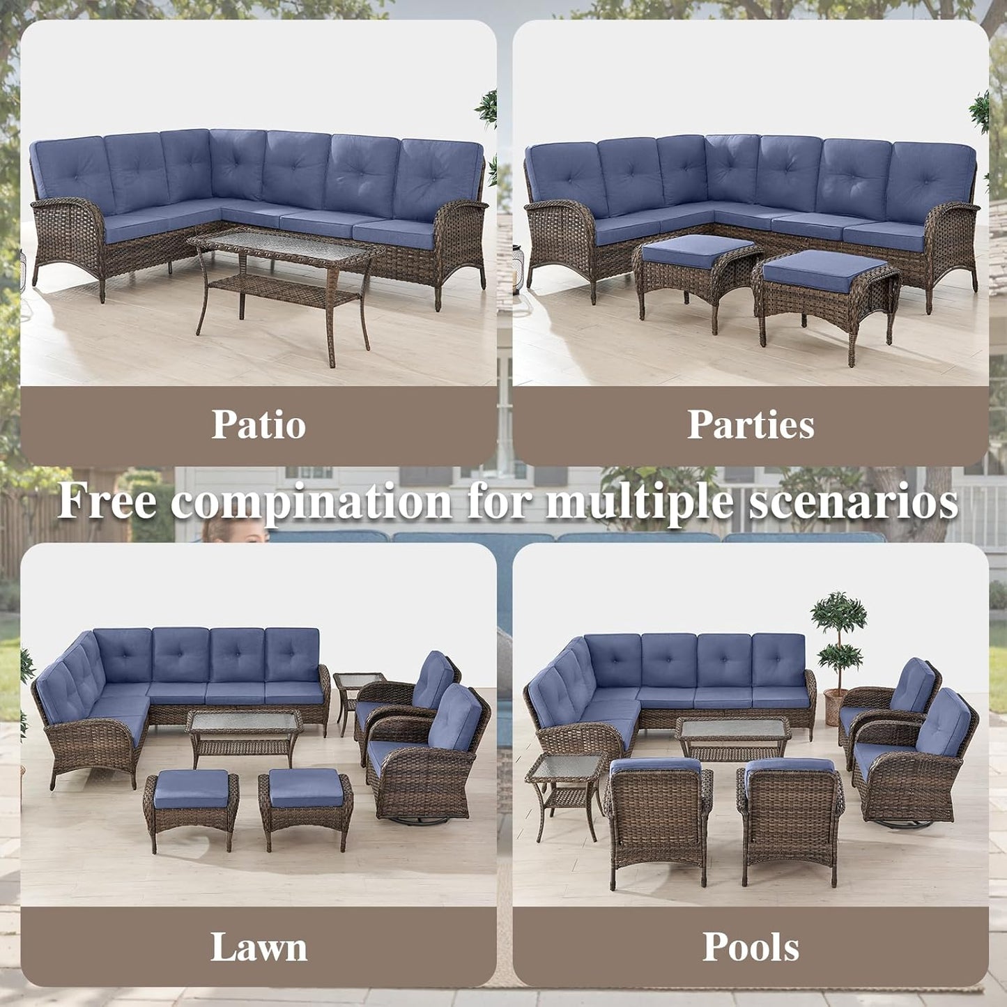 HUMMUH Outdoor Patio Furniture Set,L-Shaped Sectional Couches with Swivel Patio Chairs,Wicker Conversation Set for Deck,Backyard,Porch,Garden