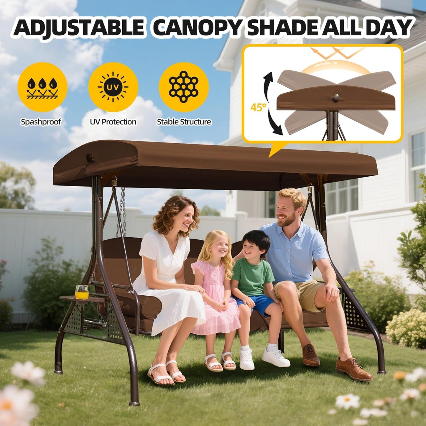 3-seat Patio Swing with Canopy,Convertible Outdoor Swing Bed with Thick Cushions, Pillows & Cup Holders, 3-Seat Outdoor Swings Chair for Backyard, Garden, Deck(Brown)