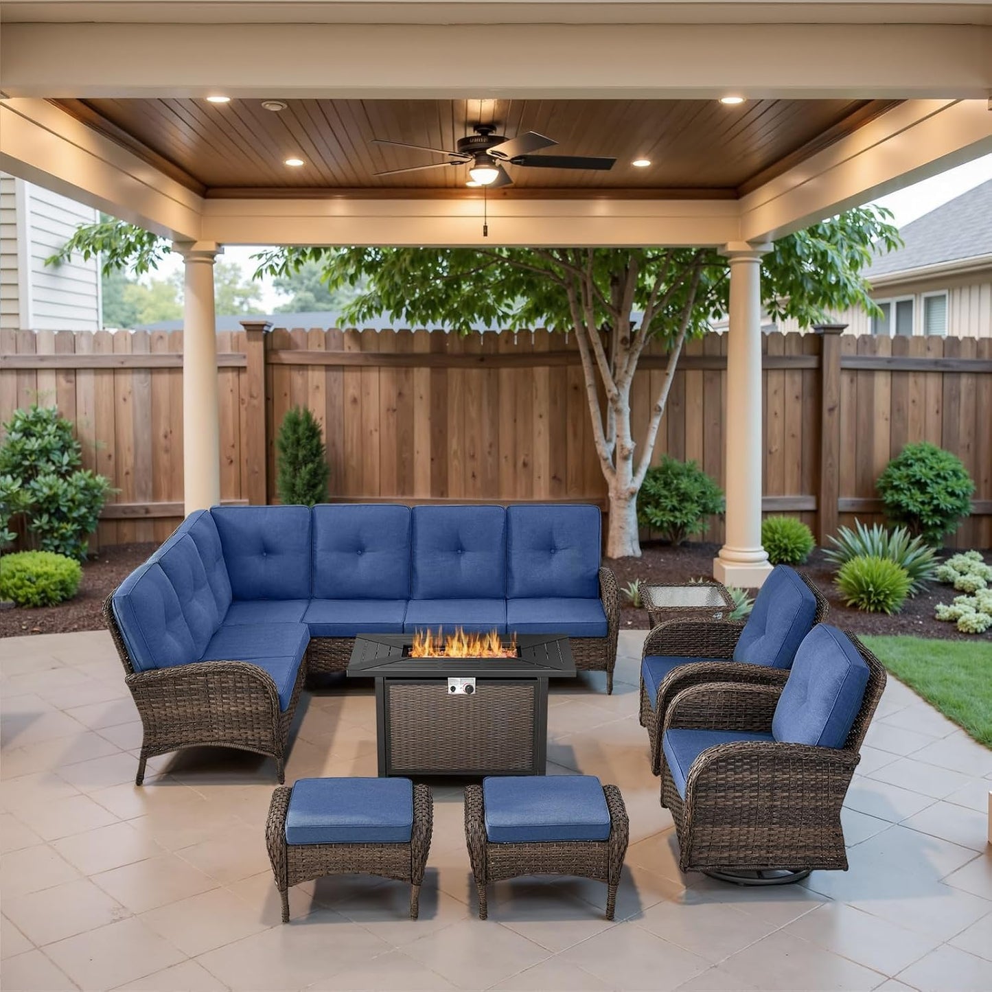 8 Pieces Patio Conversation Set with 43” Propane Fire Pit Table, Outdoor Sectional Furniture Sofa Set with Removable Cushions for Patio Deck Backyard Brown