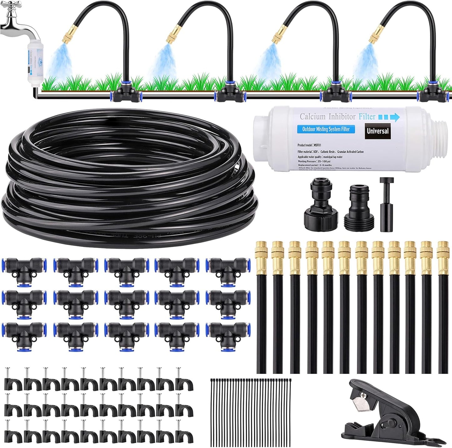 Mornajina Automatic Drip Irrigation Kits Garden Irrigation System, Includes Calcium Inhibitor Filter & 66FT 5/16 inch Irrigation Tubing Hose & 20Pcs 360° Bending Dropper Atomizing Mist Nozzles Tee