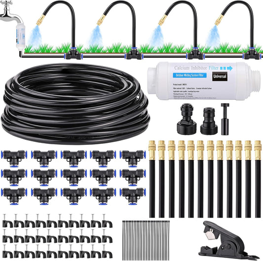 Mornajina Automatic Drip Irrigation Kits Garden Irrigation System, Includes Calcium Inhibitor Filter & 66FT 5/16 inch Irrigation Tubing Hose & 20Pcs 360° Bending Dropper Atomizing Mist Nozzles Tee