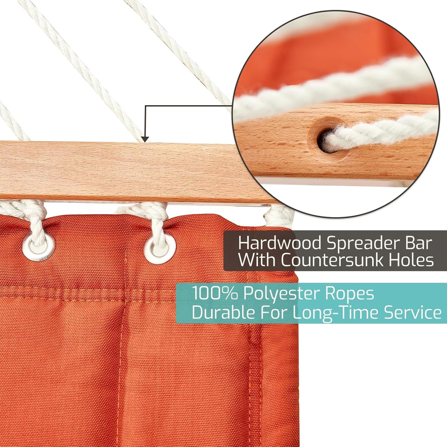 Double Quilted Fabric Hammock with Hardwood Spreader Bars and Pillow 450 LBS Capacity 2 Person Large Hammock for Outdoor Patio Backyard Poolside - Terracotta