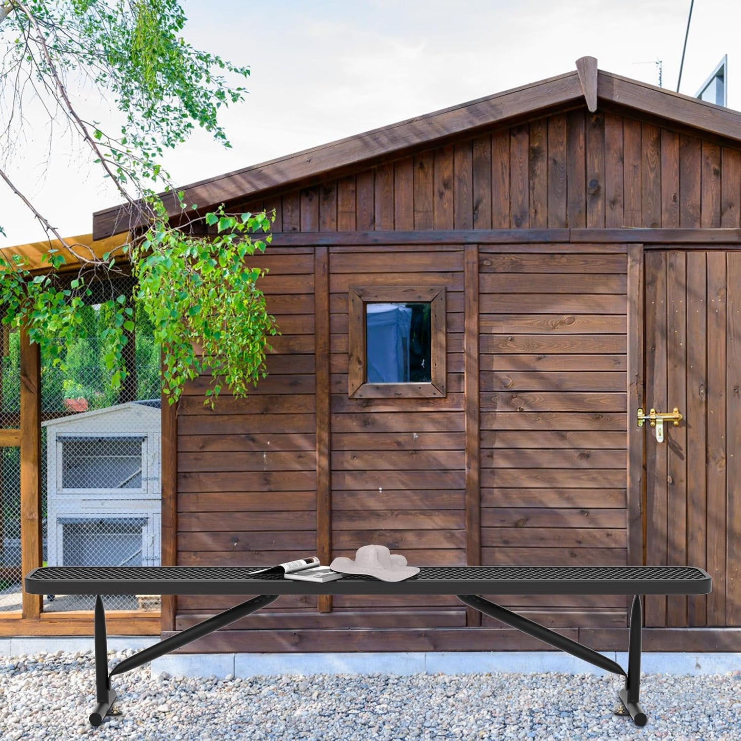 8 Feet Heavy Duty Metal Park Bench for Outside, Outdoor Bench with Portable Frame, Commercial Benches for Shopping Mall, Store, Park, Patio, Deck, Black