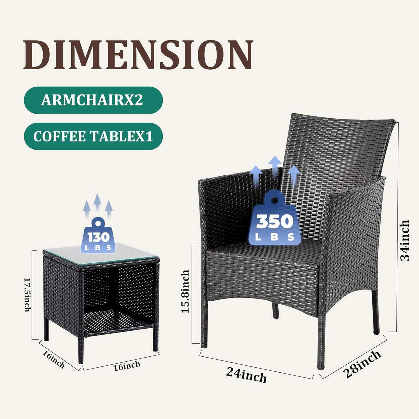 3 Piece Patio Furniture Set - Outdoor Conversation Sets with Coffee Table, Rattan Chair Set for Garden/Poolside, Coffee/Navy Blue