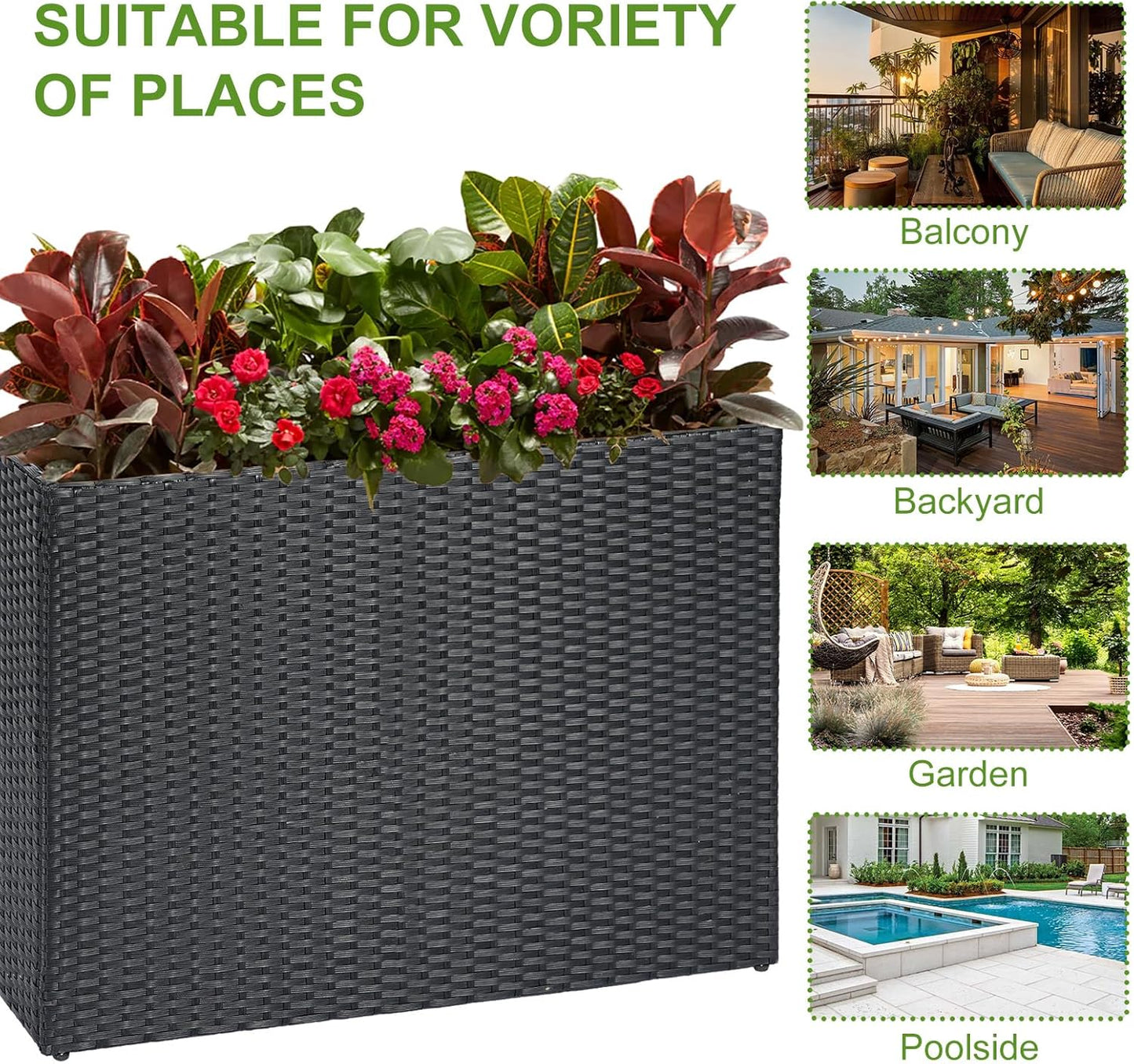 LEWIS&WAYNE Large Rectangular Block Planter Box Handmade Wicker Tall Planters for Outdoor Plants with Removable Liners Modern Planter for Indoor Outdoor Patio Deck - Black, 38''x11''x30''