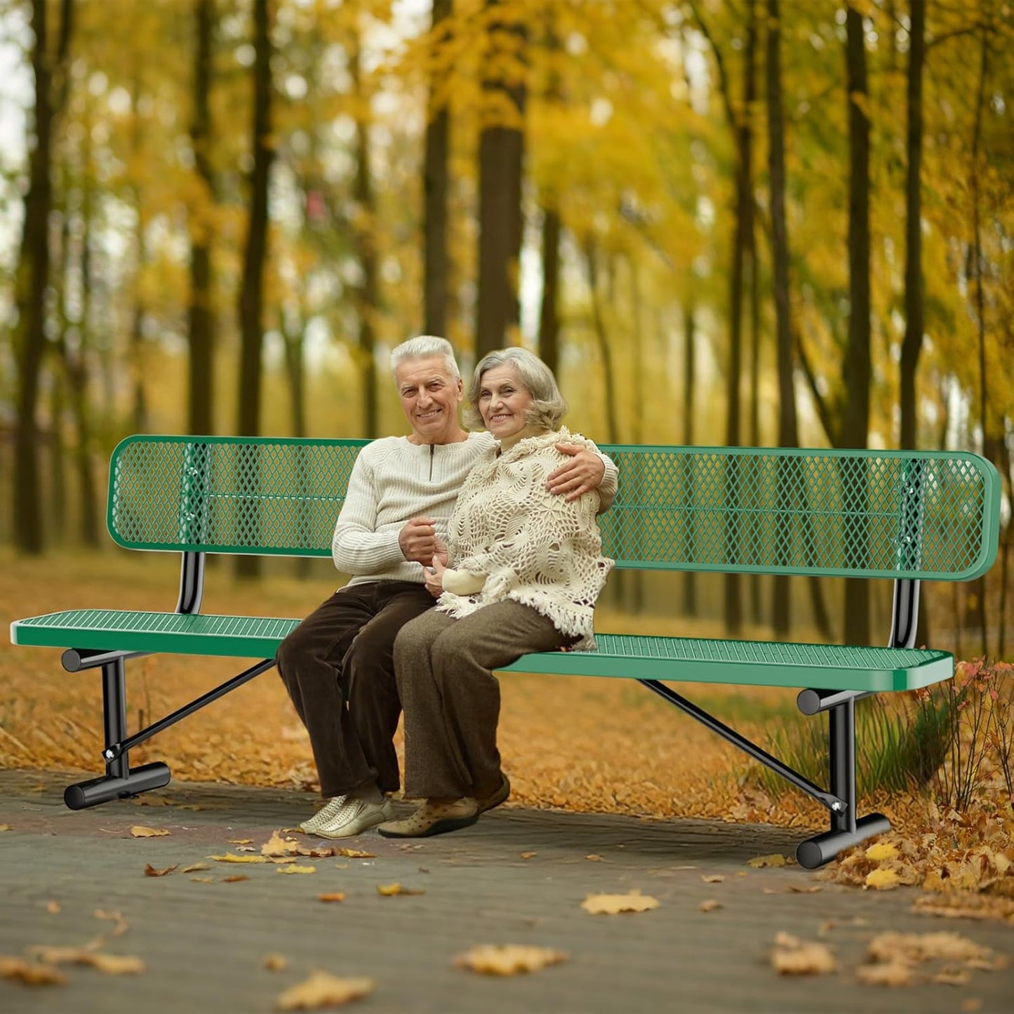 8FT Heavy Duty Park Bench with Back Portable Frame, Outdoor Metal Park Bench with Backrest, Steel Mesh Outdoor Bench for Garden, Lawn, Patio, Porch, Park, Yard, Green