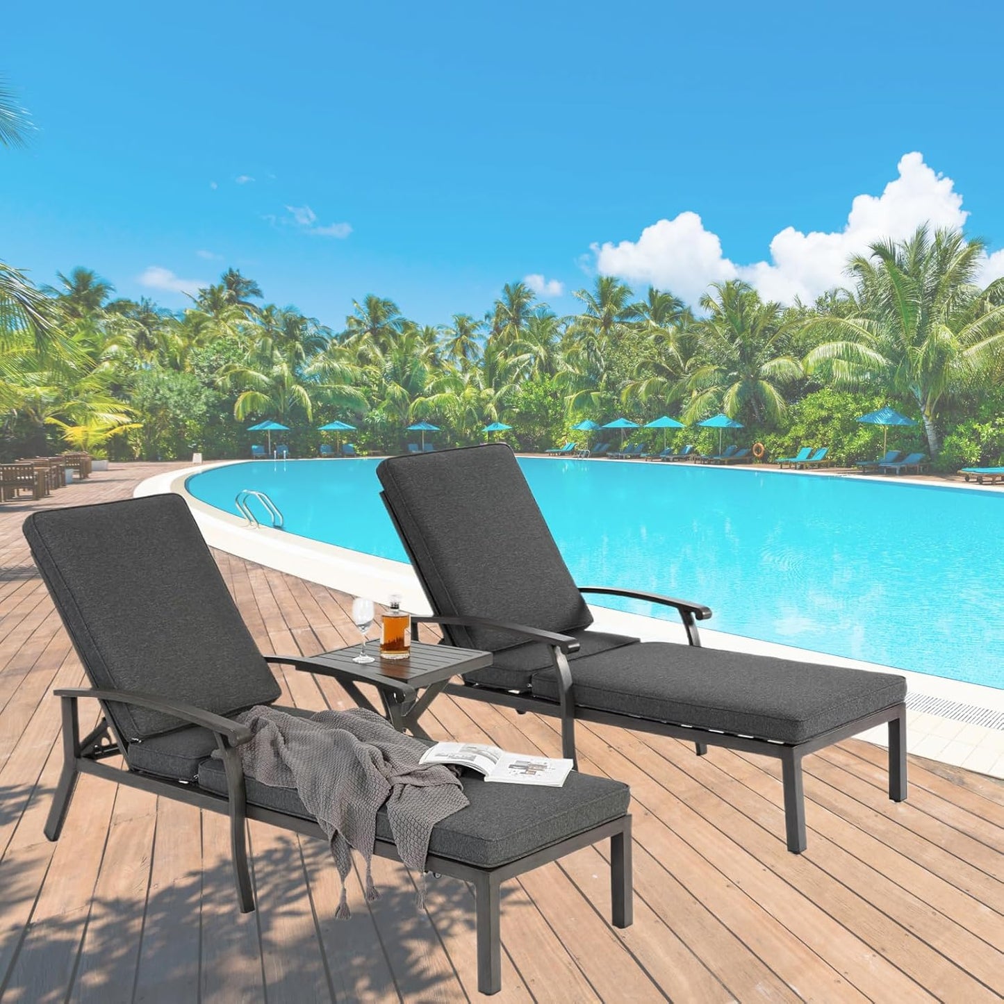 Outdoor Chaise Lounge 3 Pieces Set, 1 Side Table & 2 Aluminum Lounges with 5-Level Adjustable Backrest & Wheels for Poolside, Backyard, Grey Cushion