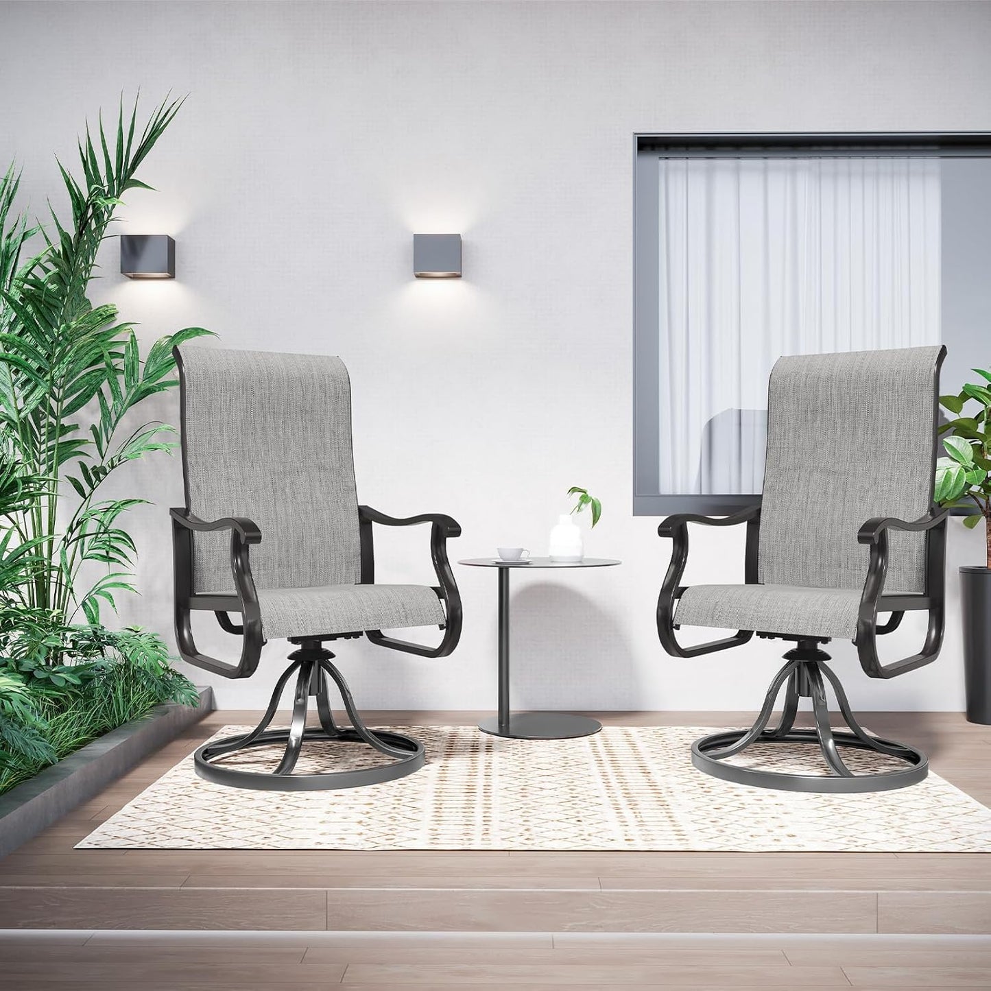 Amopatio Patio Swivel Chairs Set of 2, Outdoor Swivel Rocker Dining Chairs with All Weather Textilene High Back & Metal Frame, for Backyard Deck Lawn, Light Gray