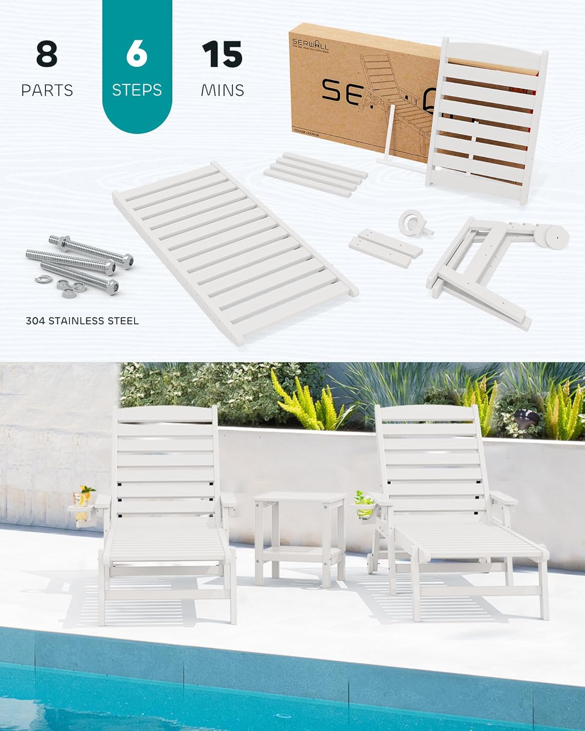 SERWALL Patio Chaise Lounge Chair Set of 2, 78'' Long 5-Positions Adjustable HDPE Outdoor Lounge Chair for Pool, Poly Lounge Chair with Rolling Wheels & Cup Holder for Poolside, Deck, White