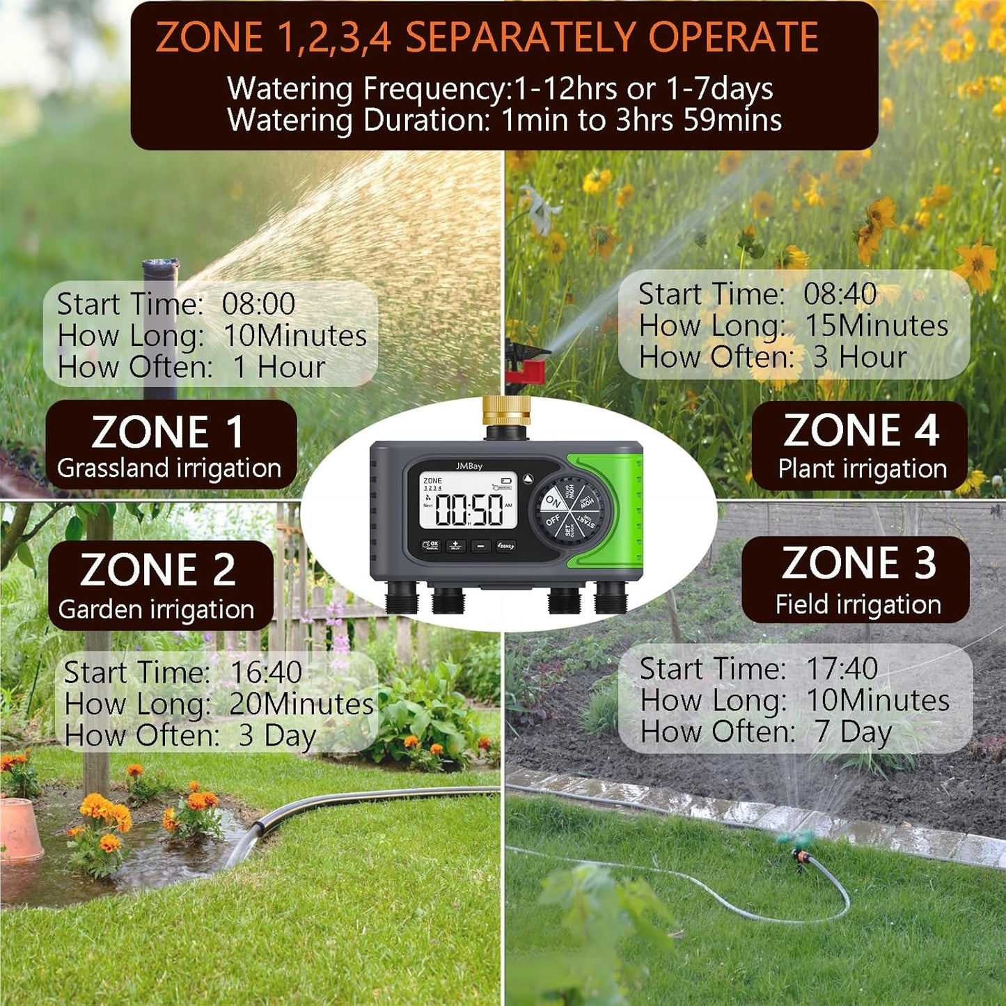 4 Zone Water Timer, Digital Water Timers for Garden Hose, Automatic Sprinkler Timer for Garden Hose, with Rain Delay & Manual Watering, Pure Brass Inlet
