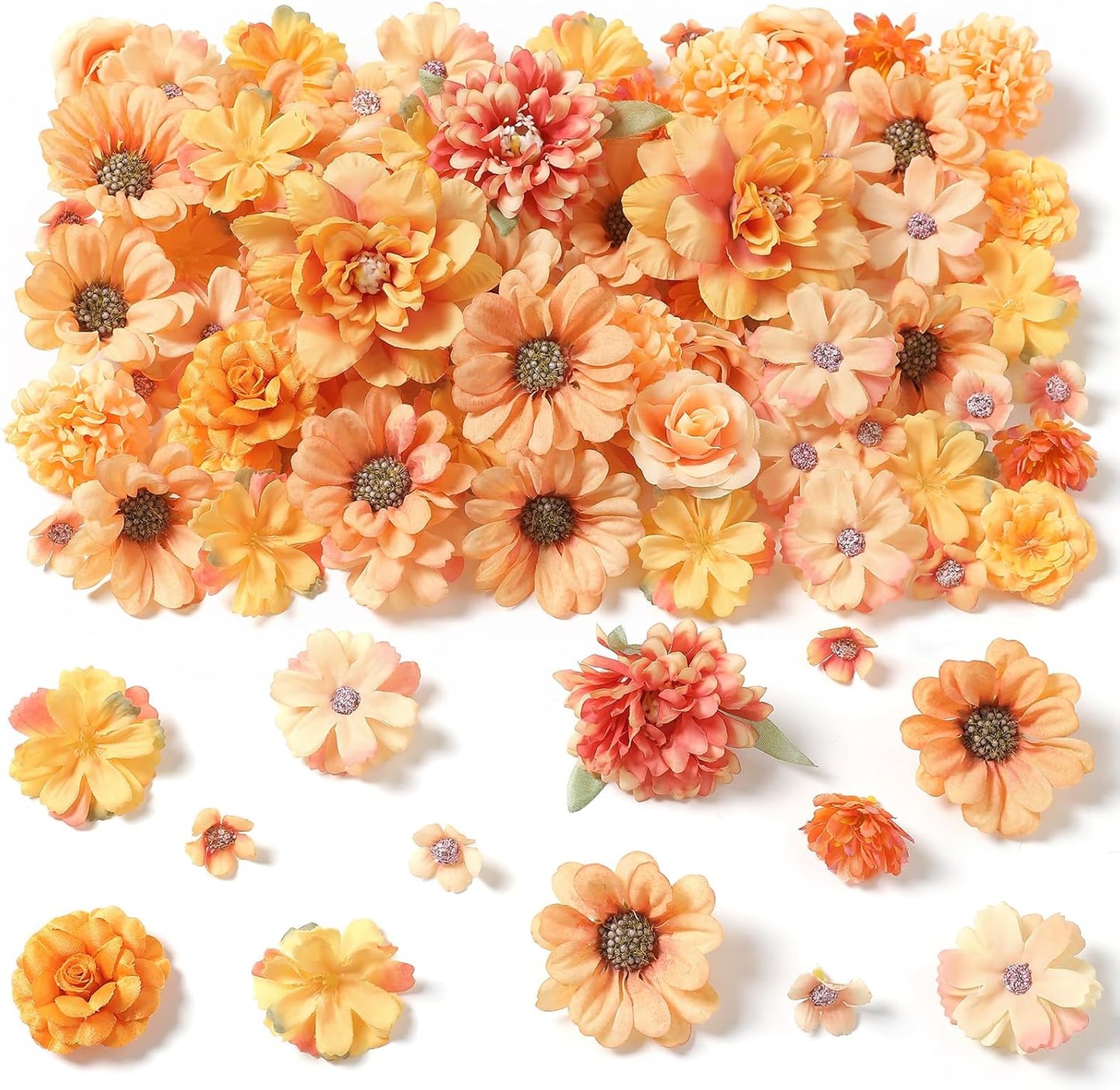 Small Artificial Flower Heads 2-4 cm, Fall Silk Faux Orange Peony Daisy Rose, for DIY Crafts, Wedding Garland, Graduation Cap, Cake Topper & Home Decoration