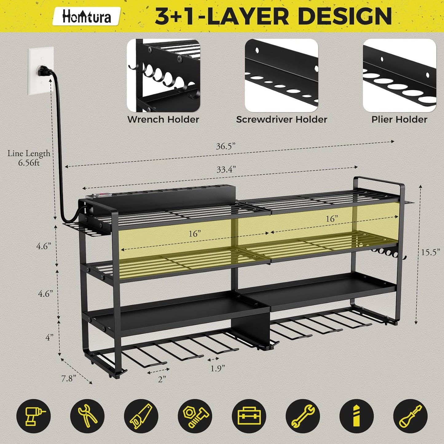 ‌Heavy Duty 4-Layer Power Tool Organizer Wall Mount with 8 Outlet Power Strip- Holds 8 Cordless Drills, 400lbs Capacity Metal Garage Storage Rack‌