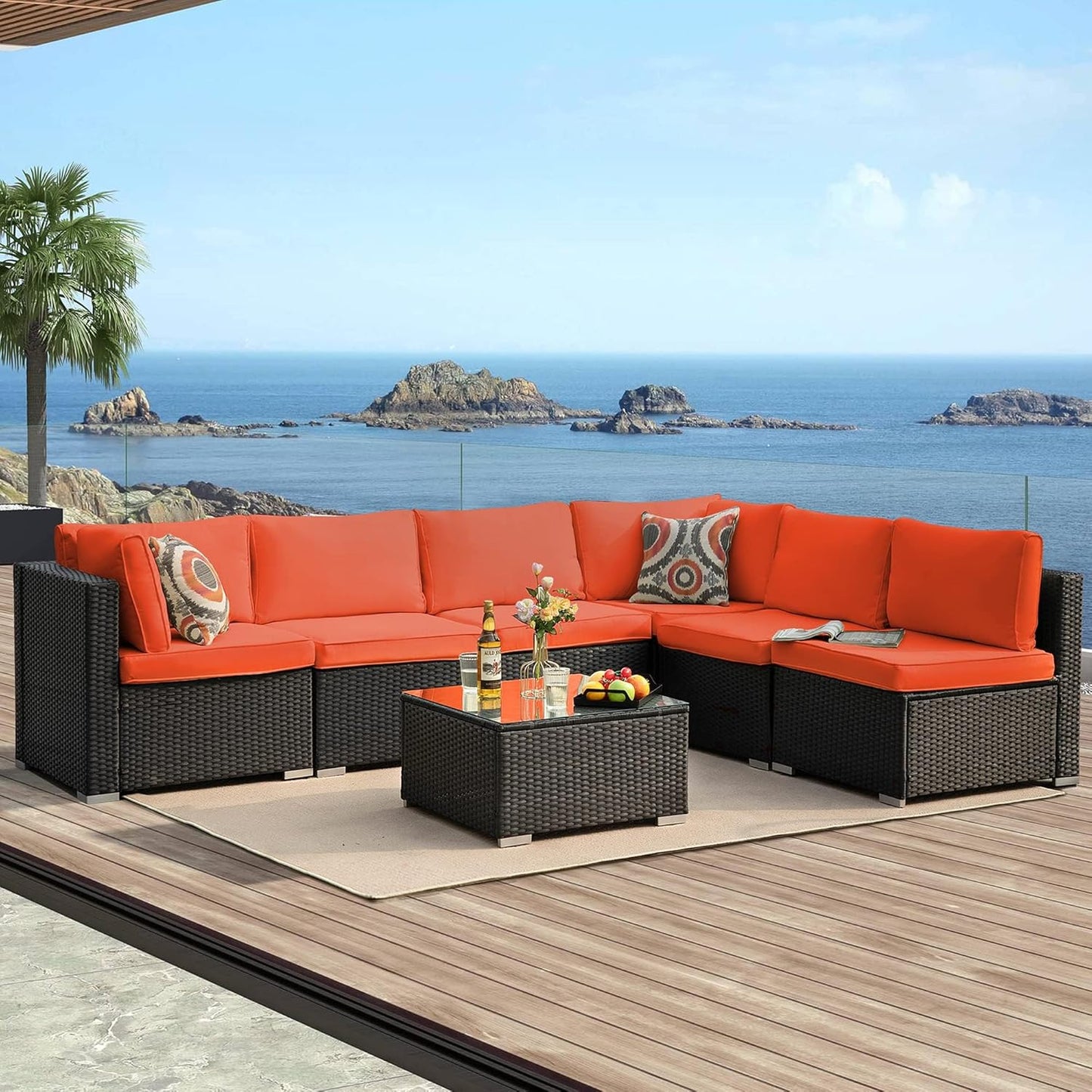 7-Piece Patio Furniture Set - Outdoor Sectional Sofa Set with Cushions and Glass-Top Coffee Table for Gardens, Poolside, Backyards and Porches, Black/Orange