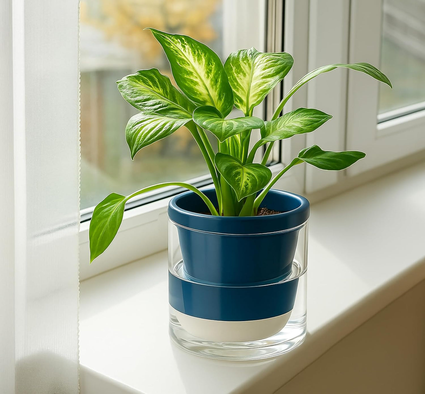 D'vine Dev 6 Inch Design Self Watering Planter for Indoor Plants, Blue Terracotta Pot with Cylinder Glass Cup, Set of 2, 37-Y-B-4