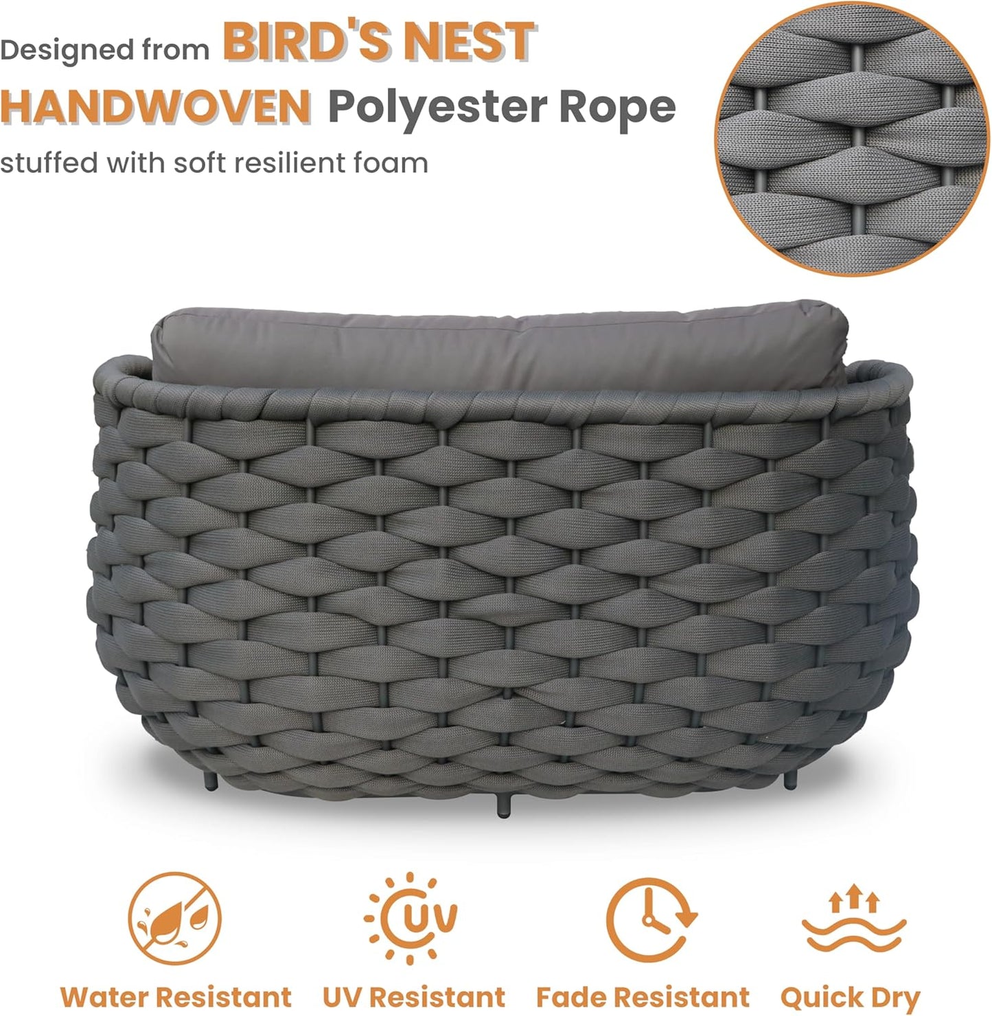 Patio Loveseat with Table: Aluminum Hand Woven Rope 2 Piece Patio Furniture Set - Cushioned Outdoor Seating Set - Modern Metal Lounge Set Assembled for Porch Balcony Deck Garden Hotel, Dark Grey