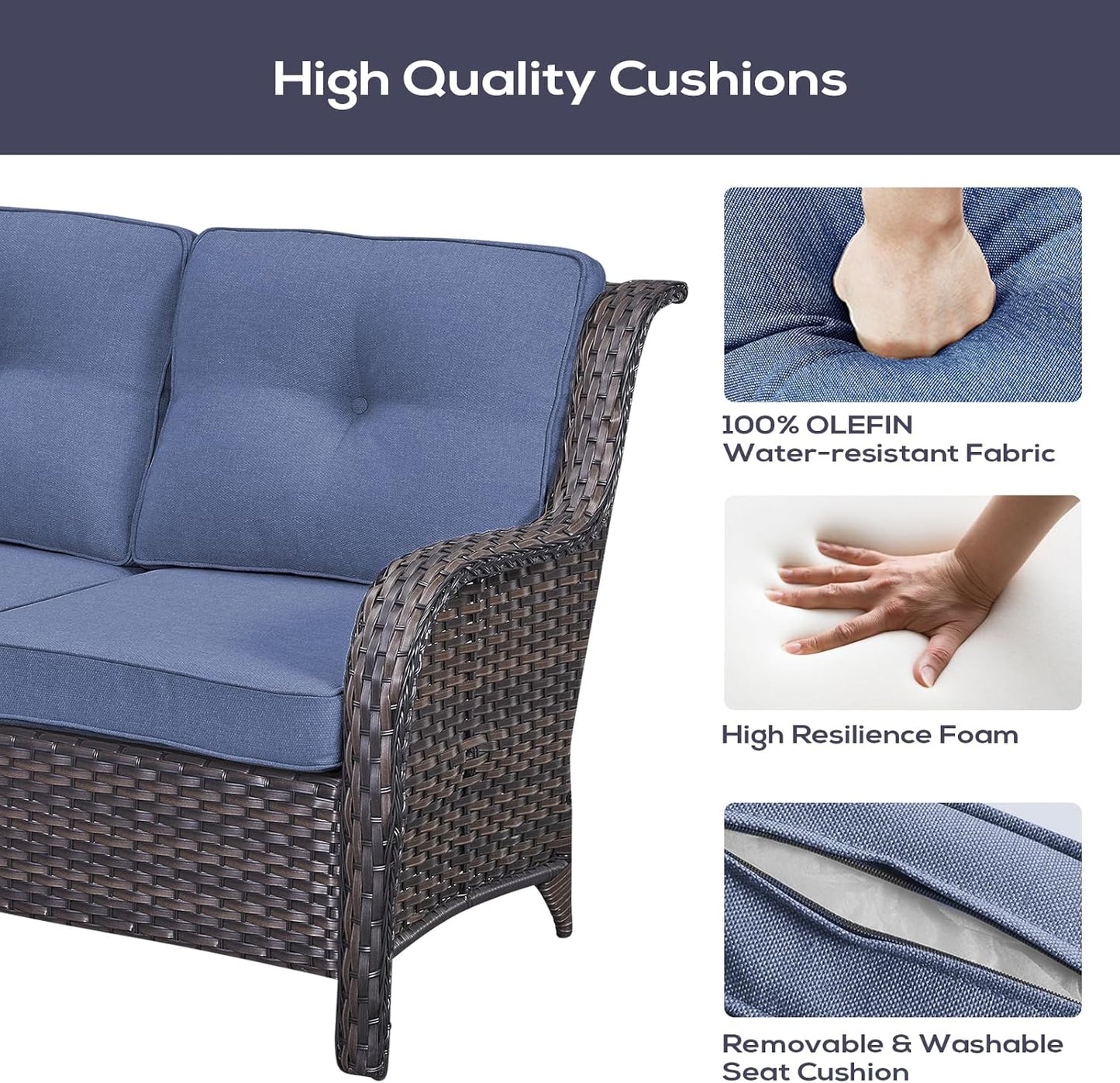 Outdoor Sectional Furniture Sofa Set with Propane Fire Pit Table, Wicker Patio Conversation Set with 2 Swivel Rocker Glider Chairs Blue Cushion Perfect for Backyard Casual Gathering