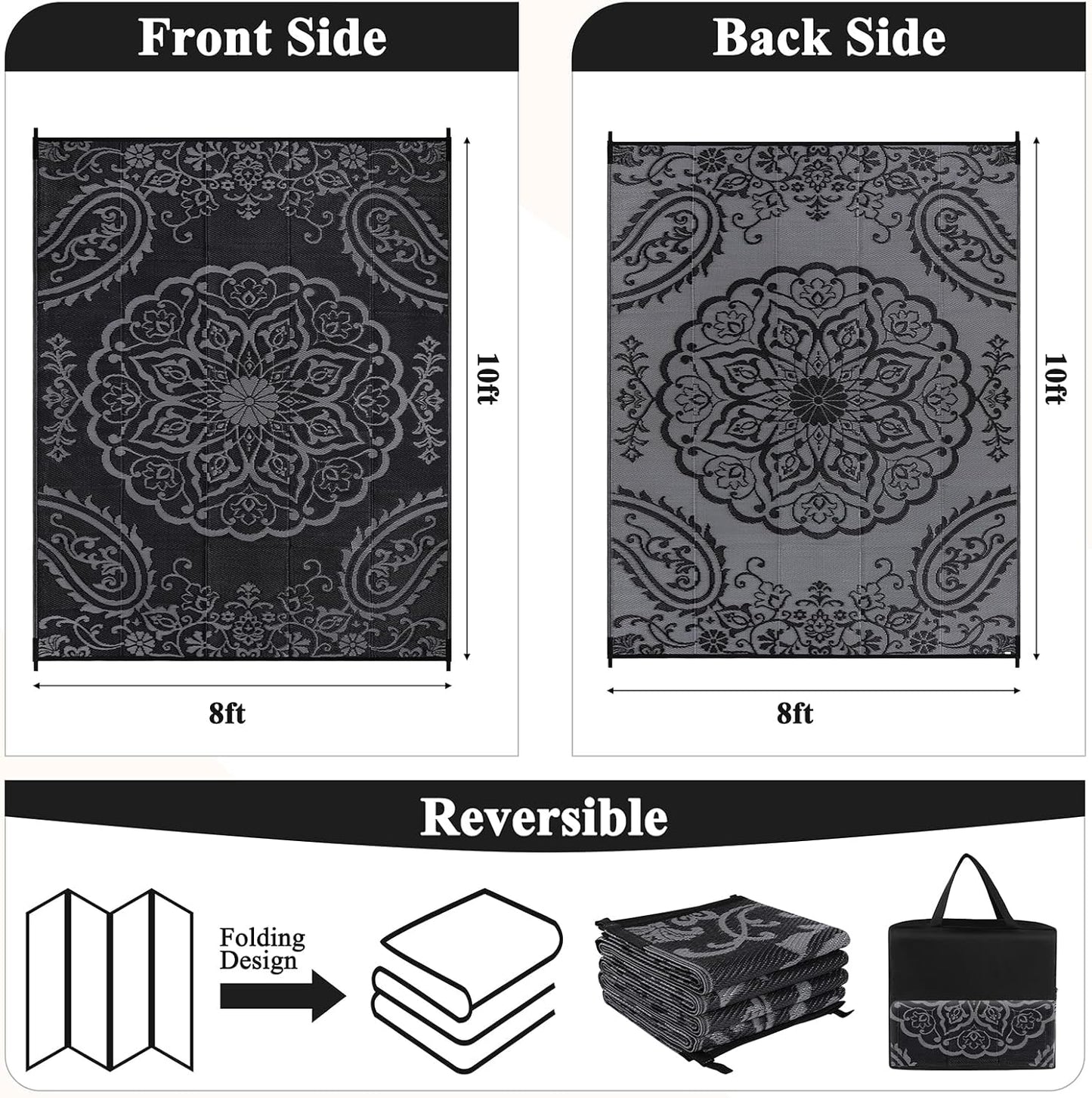 Pauwer Waterproof Outdoor Rug 8x10, Reversible Plastic Straw Patio Camping Rug, Indoor Outdoor RV Mat Carpet for Deck, Camper, Porch, Balcony, Backyard, Picnic, Boho Black Grey