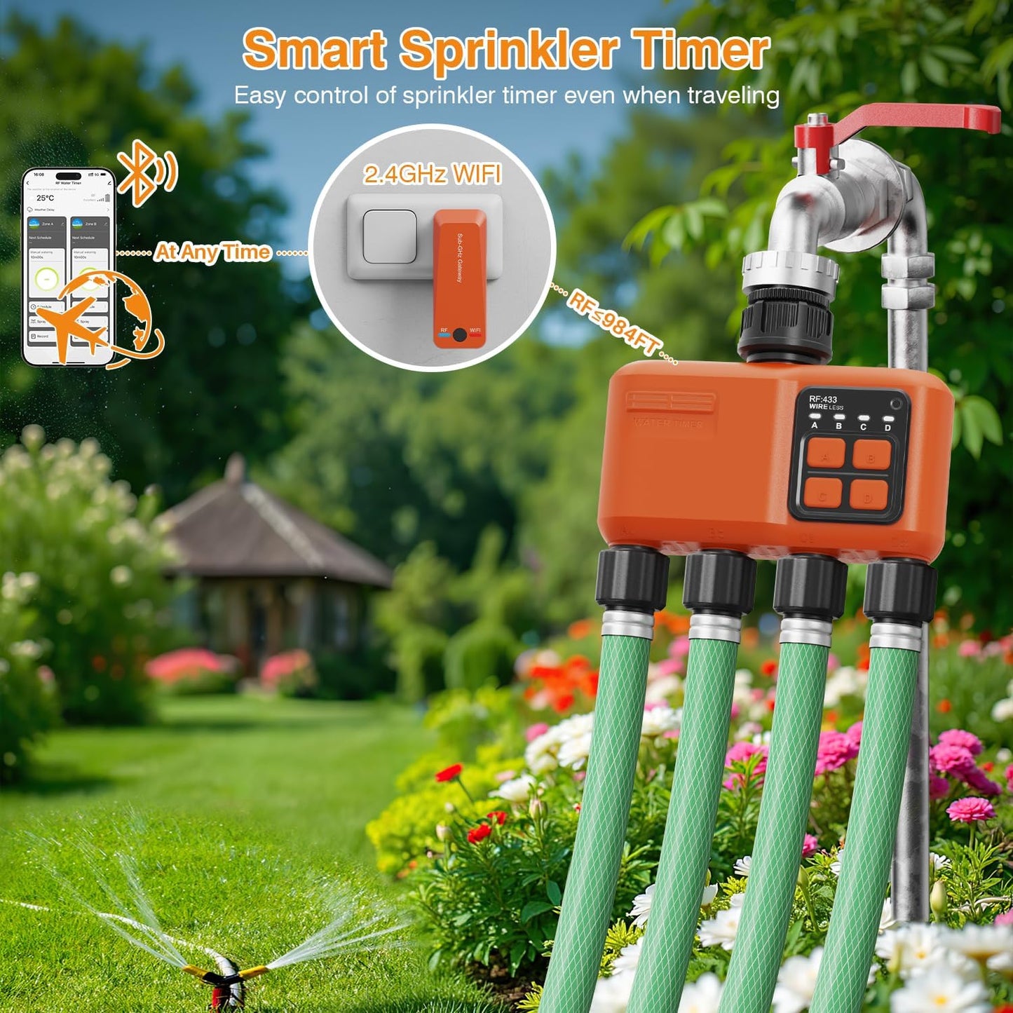 Smart WiFi Sprinkler Timer 4 Zone,WiFi Water Timer for Garden Hose with 984 FT Range,APP & Remote Control,Alexa & Google Voice Compatible,Rain Delay, Manual Mode Sprinkler System